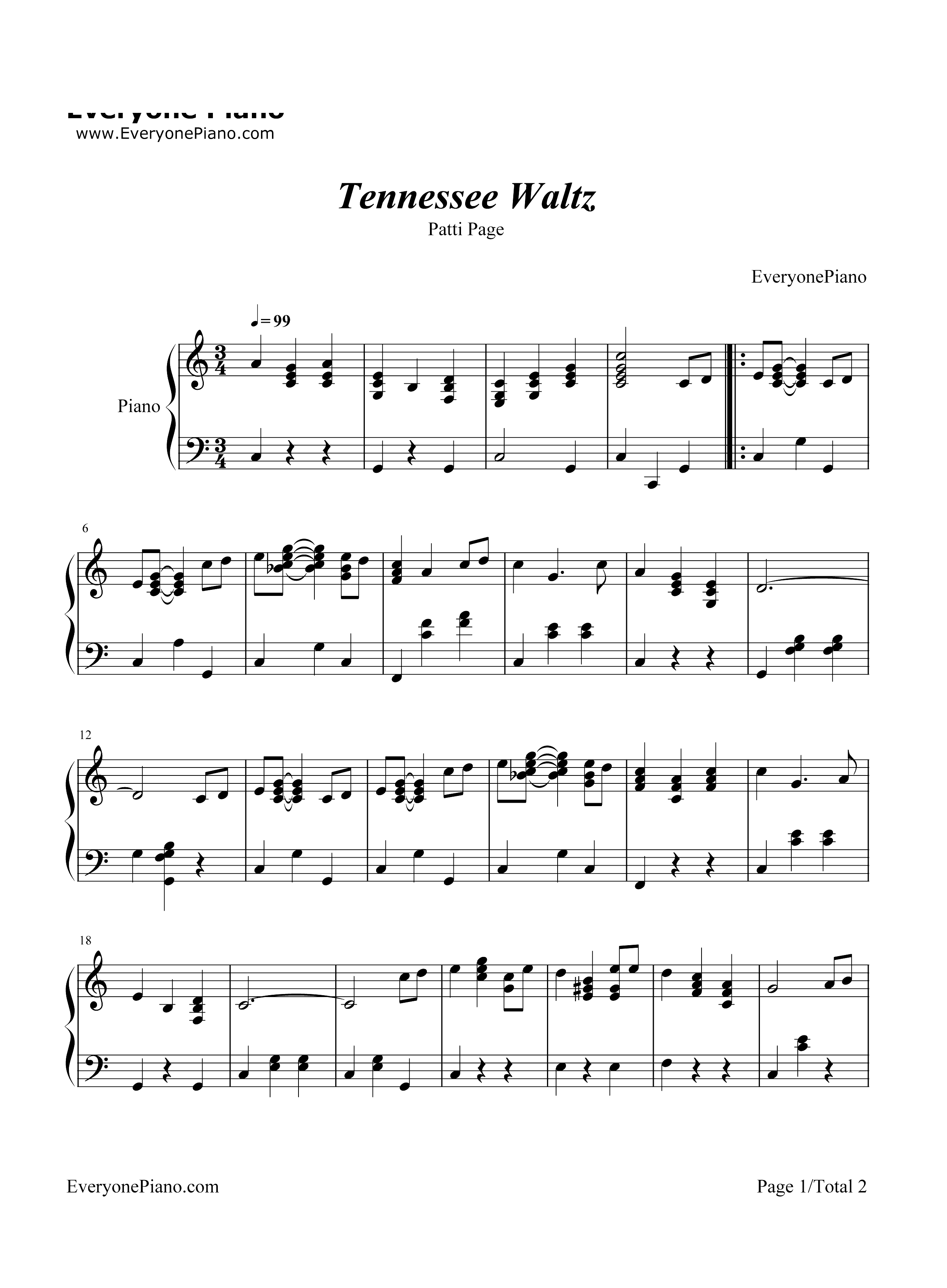 Tennessee Waltz-Patti Page钢琴谱1