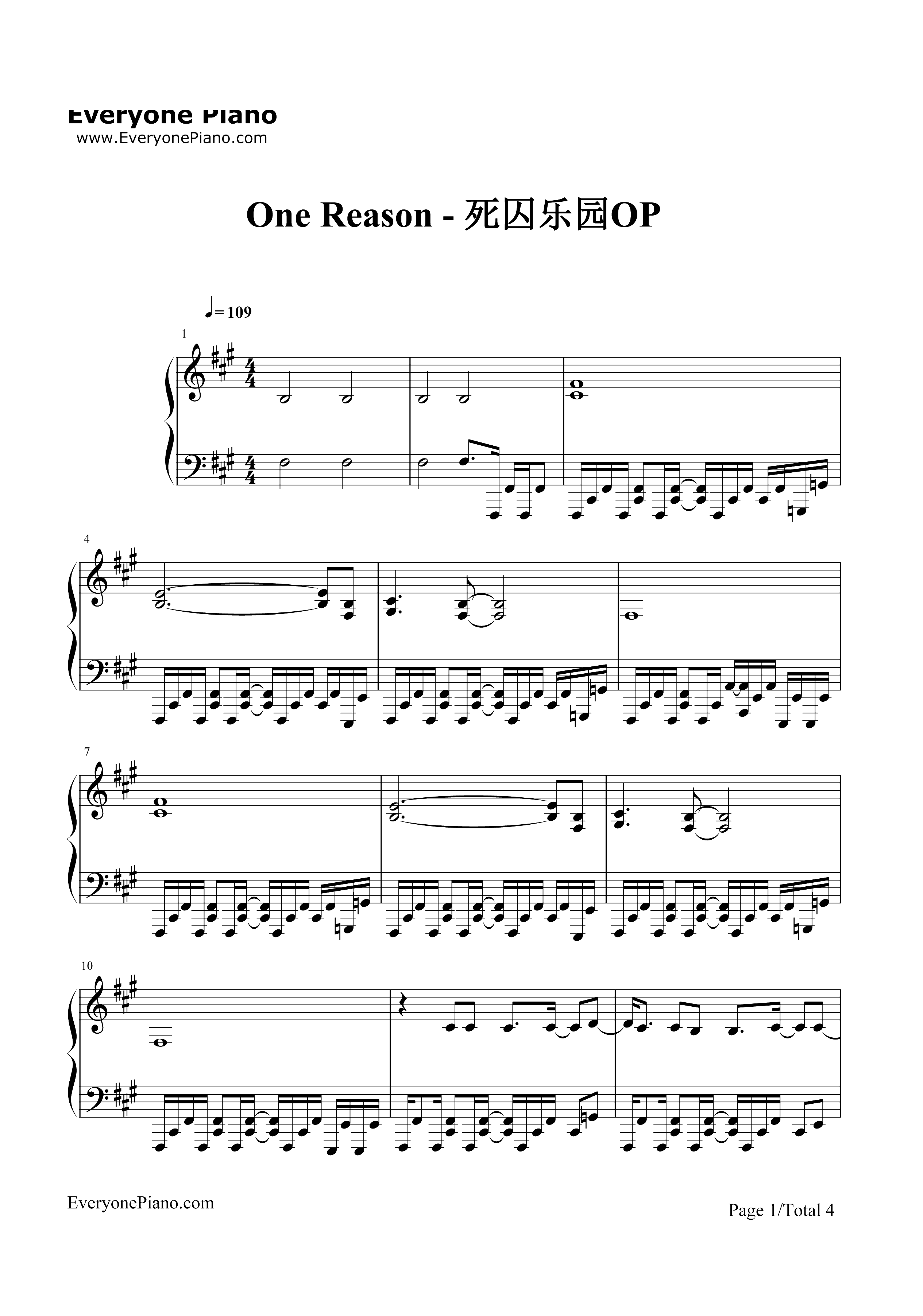 One Reason-死囚乐园OP钢琴谱1