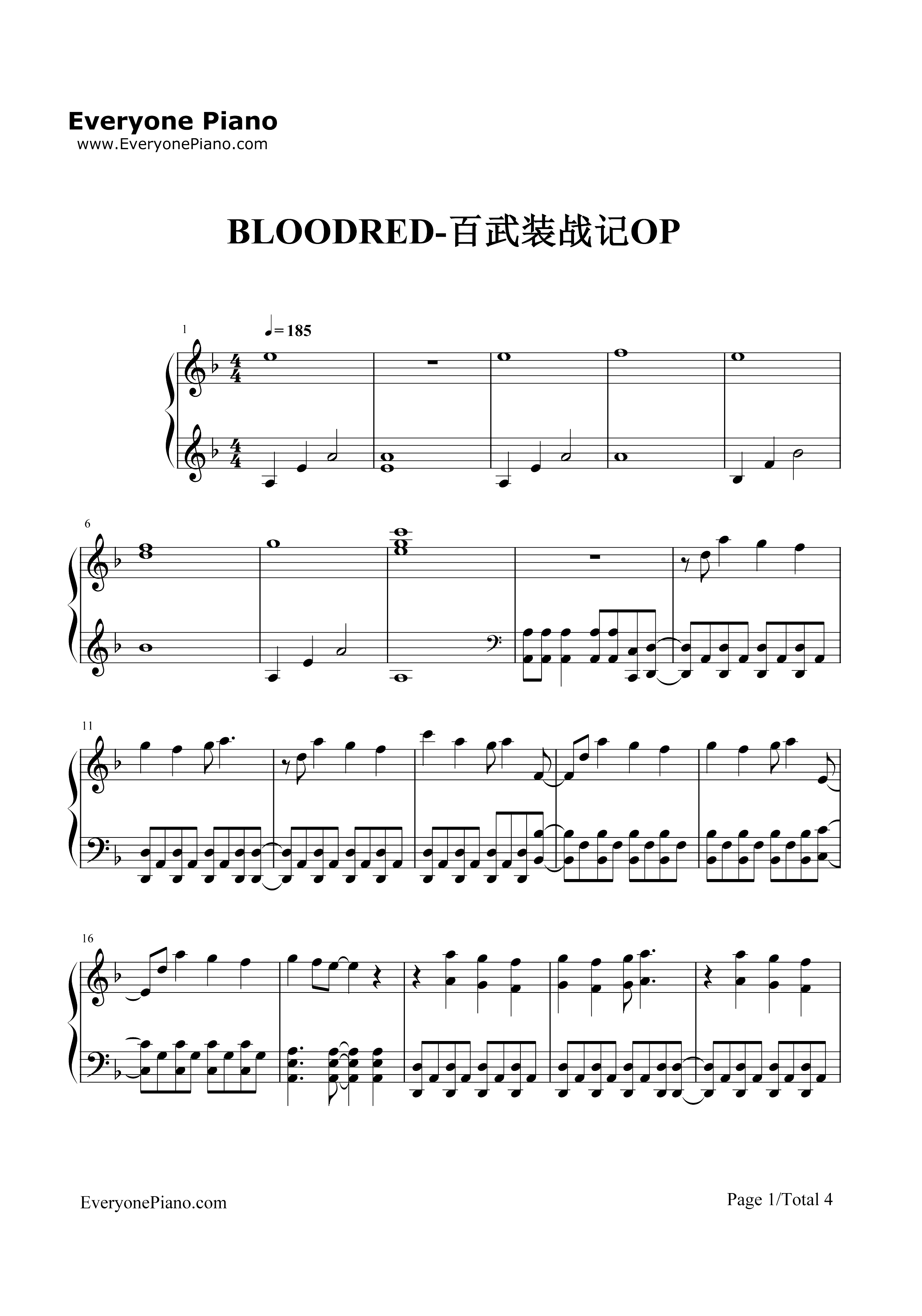 Bloodred-百武装战记OP钢琴谱1