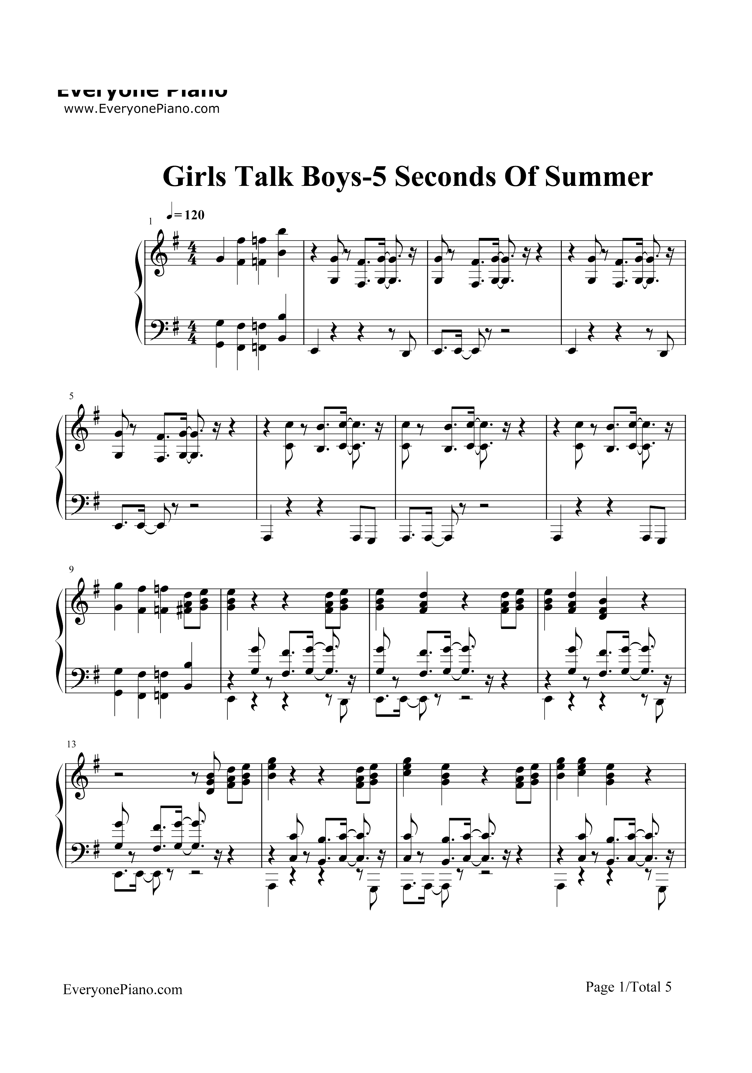 Girls Talk Boys-5 Seconds Of Summer钢琴谱1