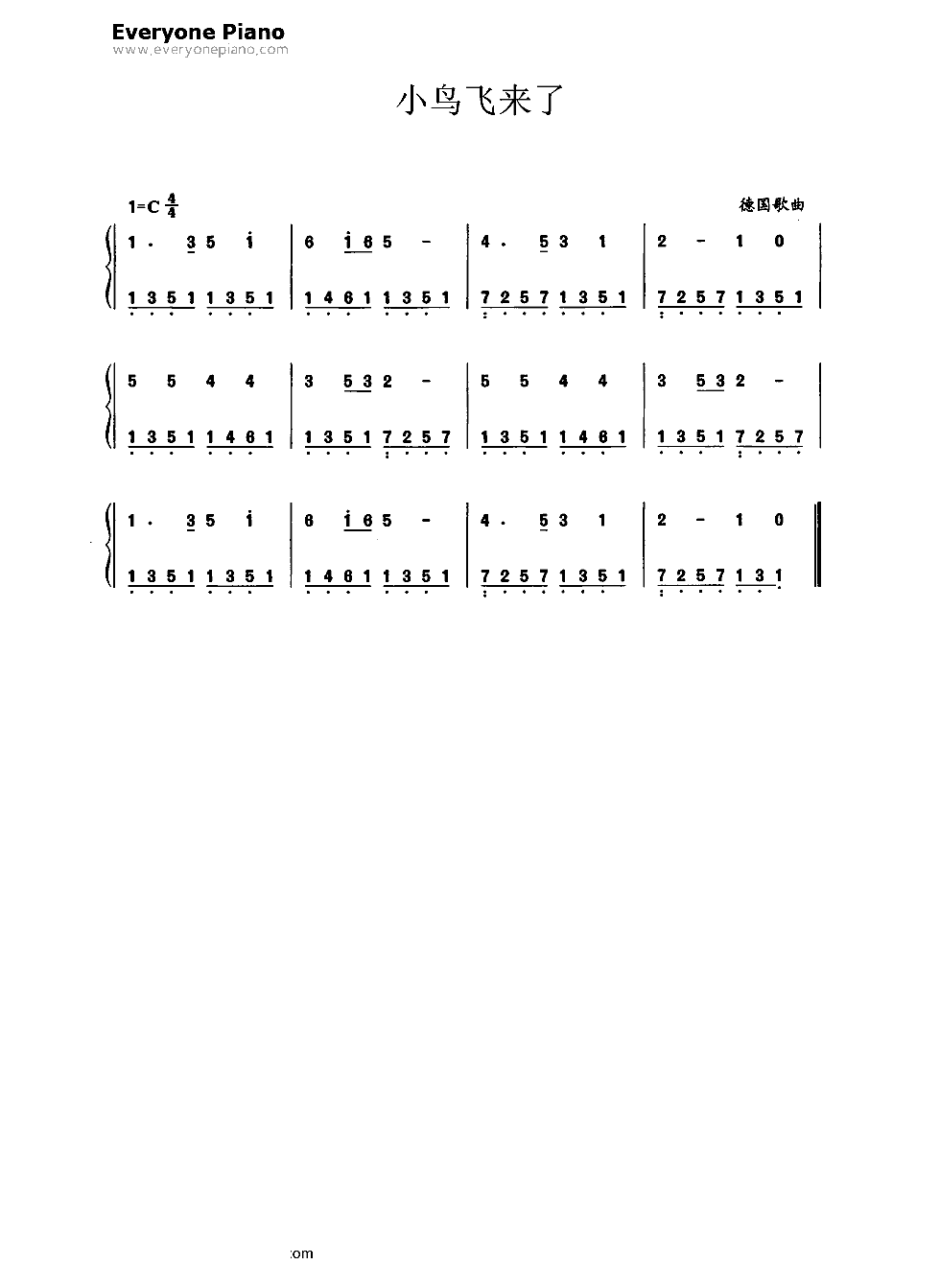小鸟飞来了简谱、五线谱对应版双手简谱预览1