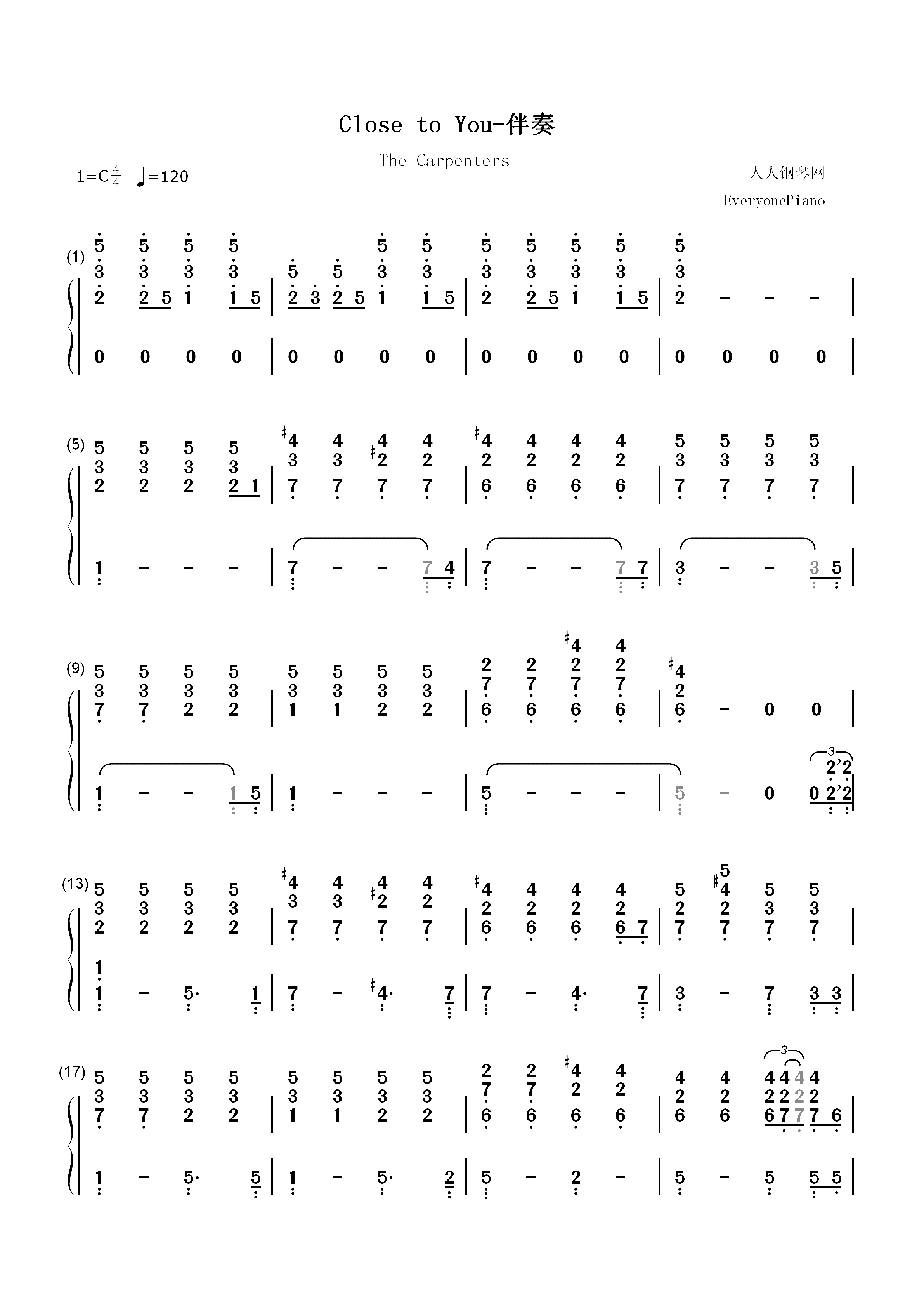 Close to You钢琴伴奏版双手简谱预览1