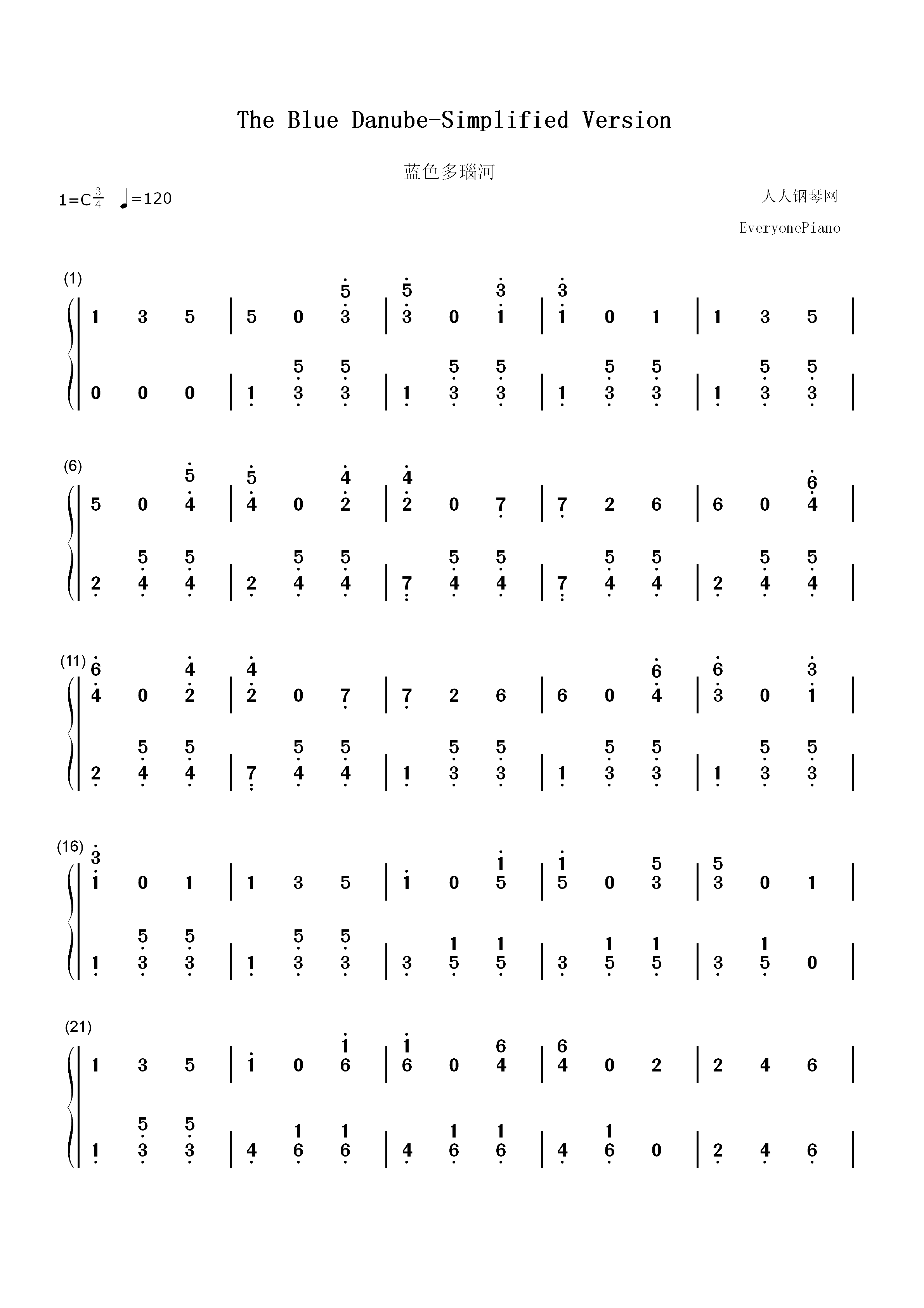 蓝色多瑙河简单版双手简谱预览1