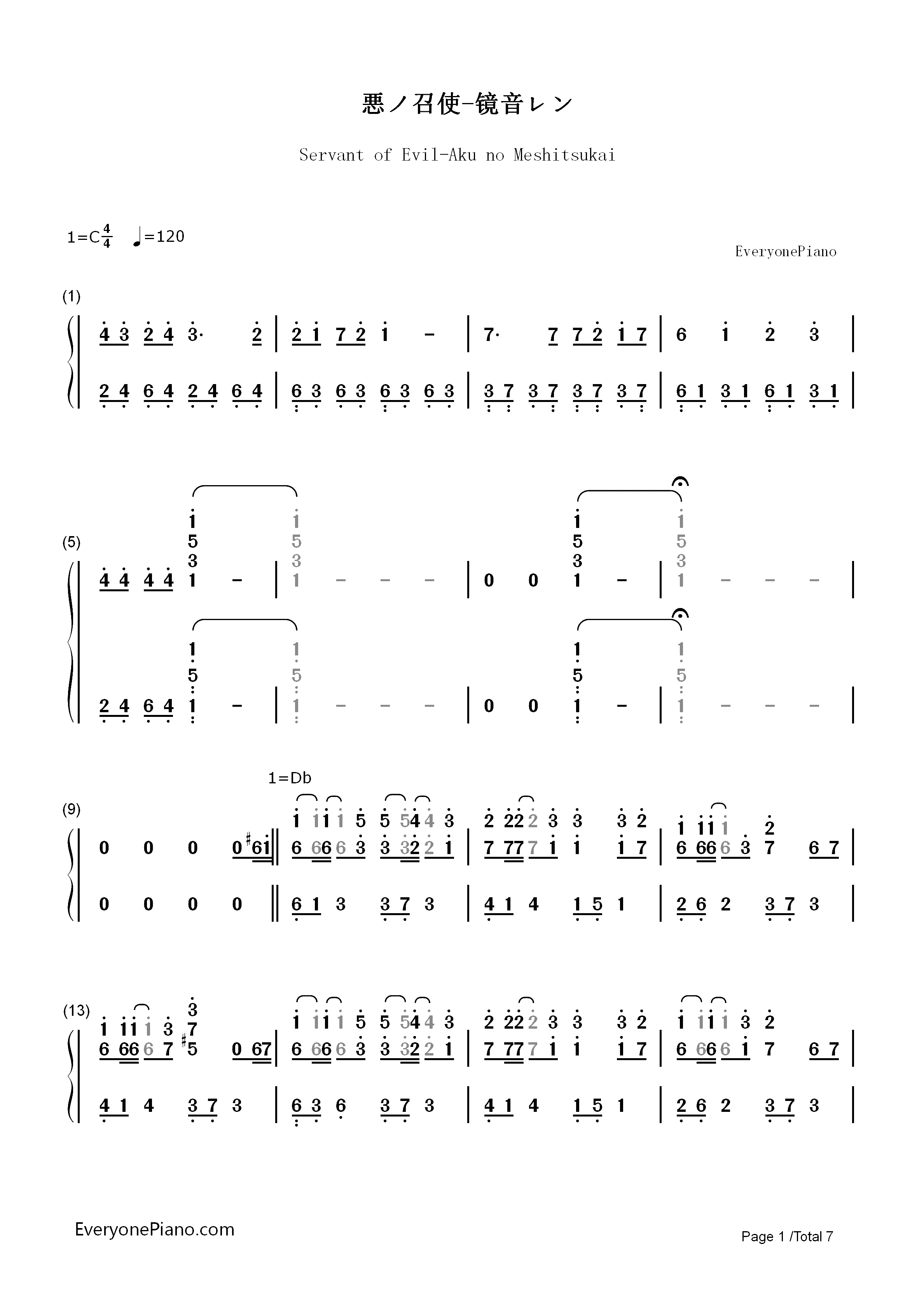 悪ノ召使-镜音レン双手简谱预览1