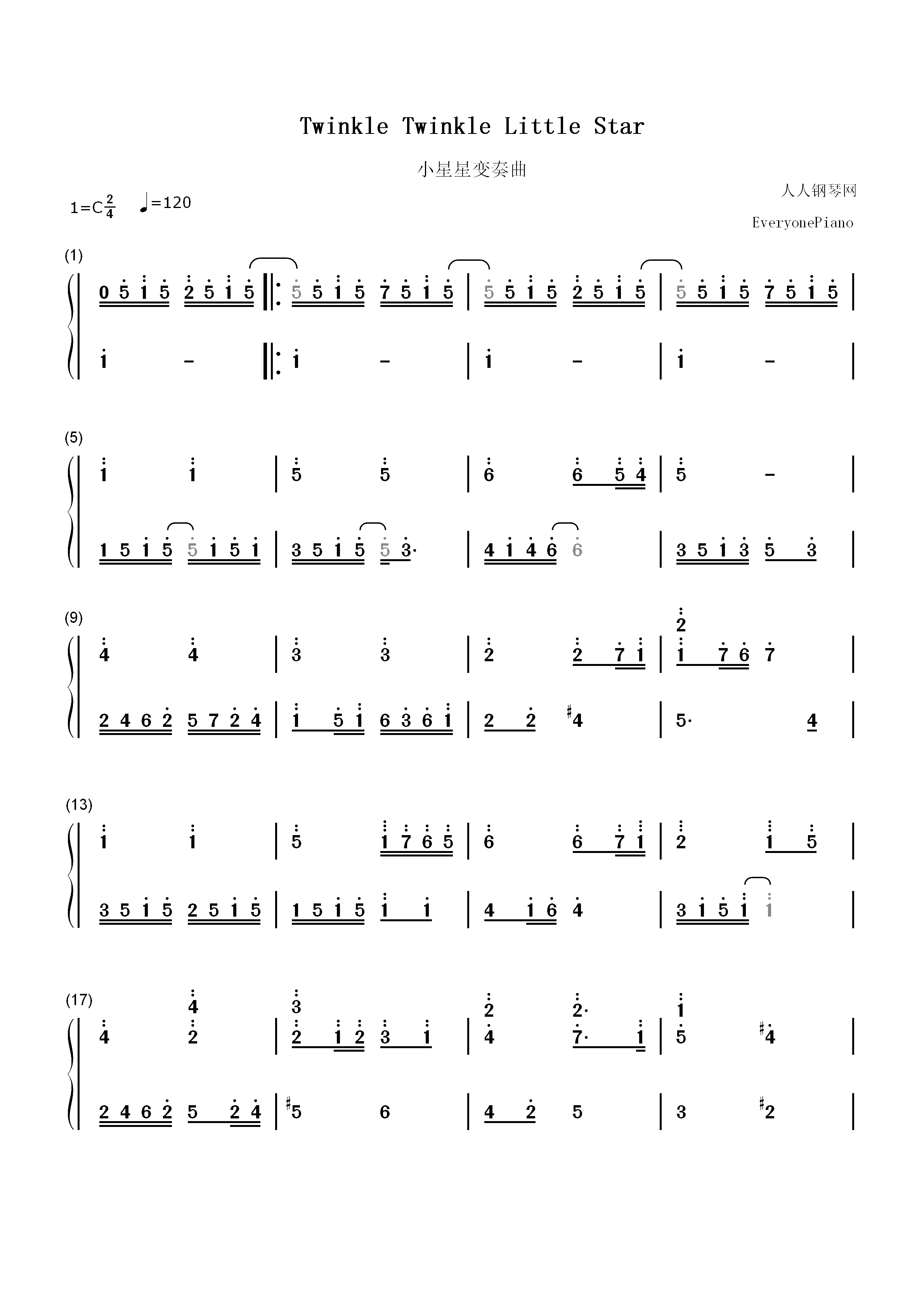 Twinkle Twinkle Little Star-小星星变奏曲双手简谱预览1