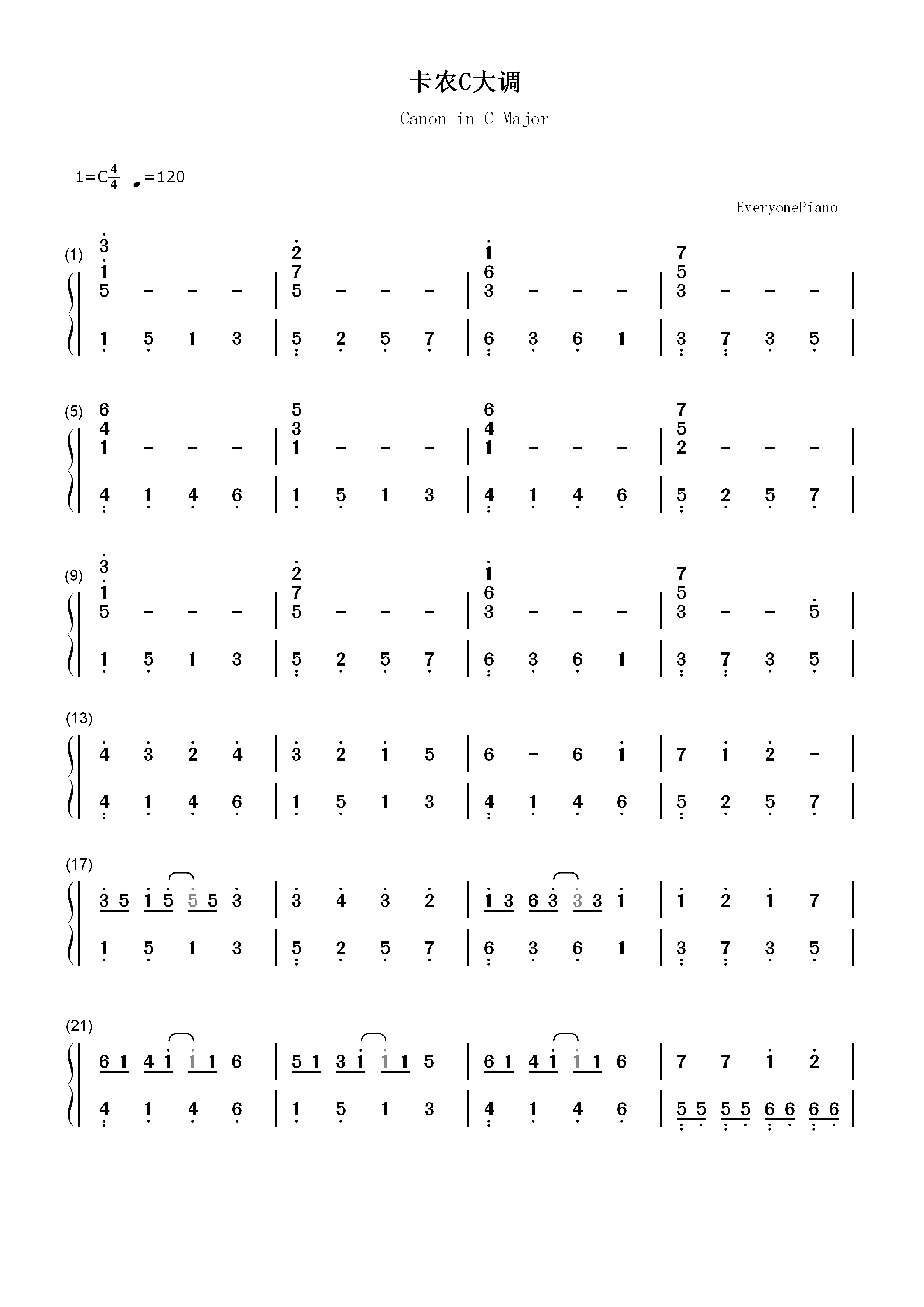 卡农C大调最简版-EOP教学曲双手简谱预览1