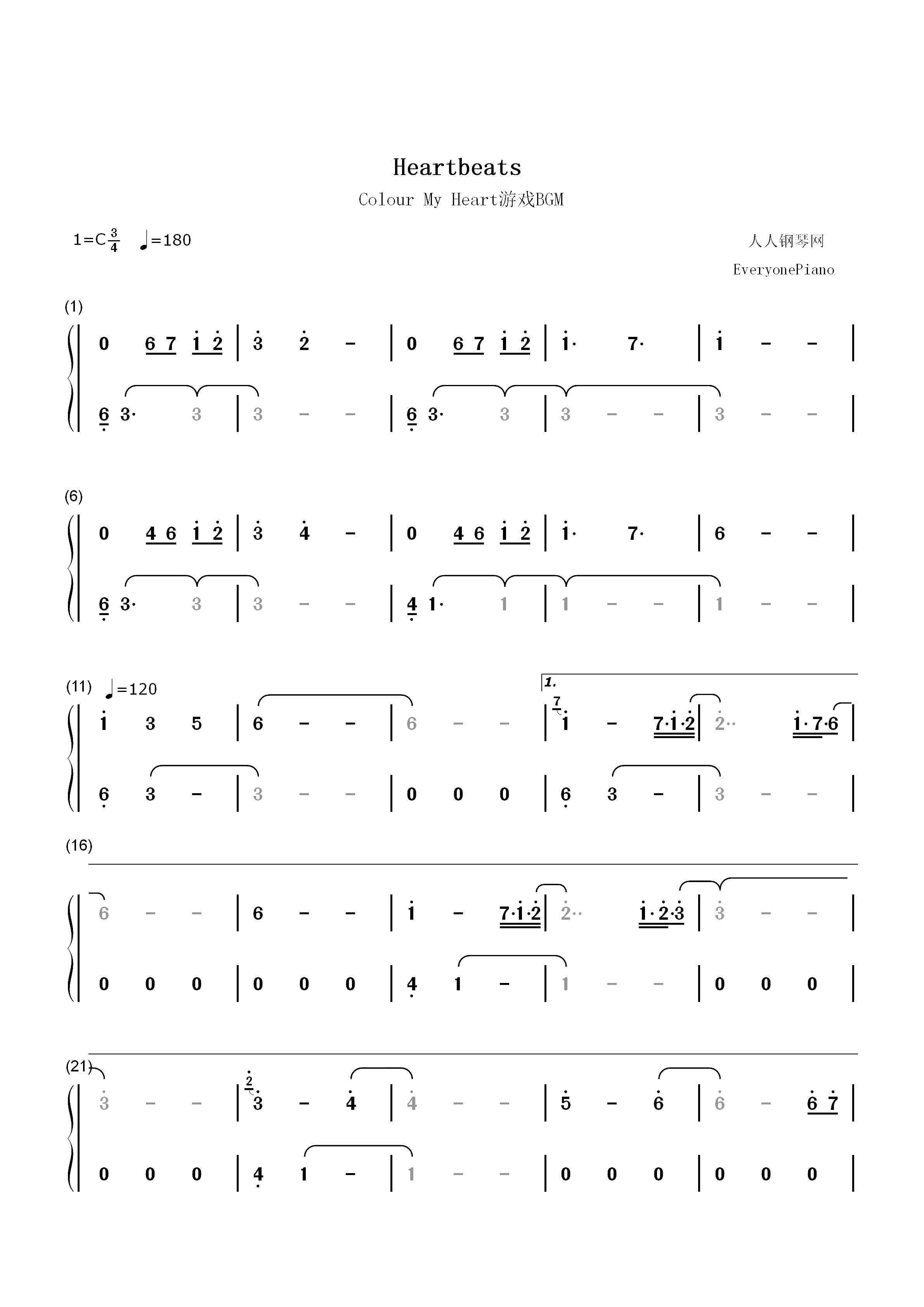 Heartbeats-《colour my heart》BGM-Broove双手简谱预览1