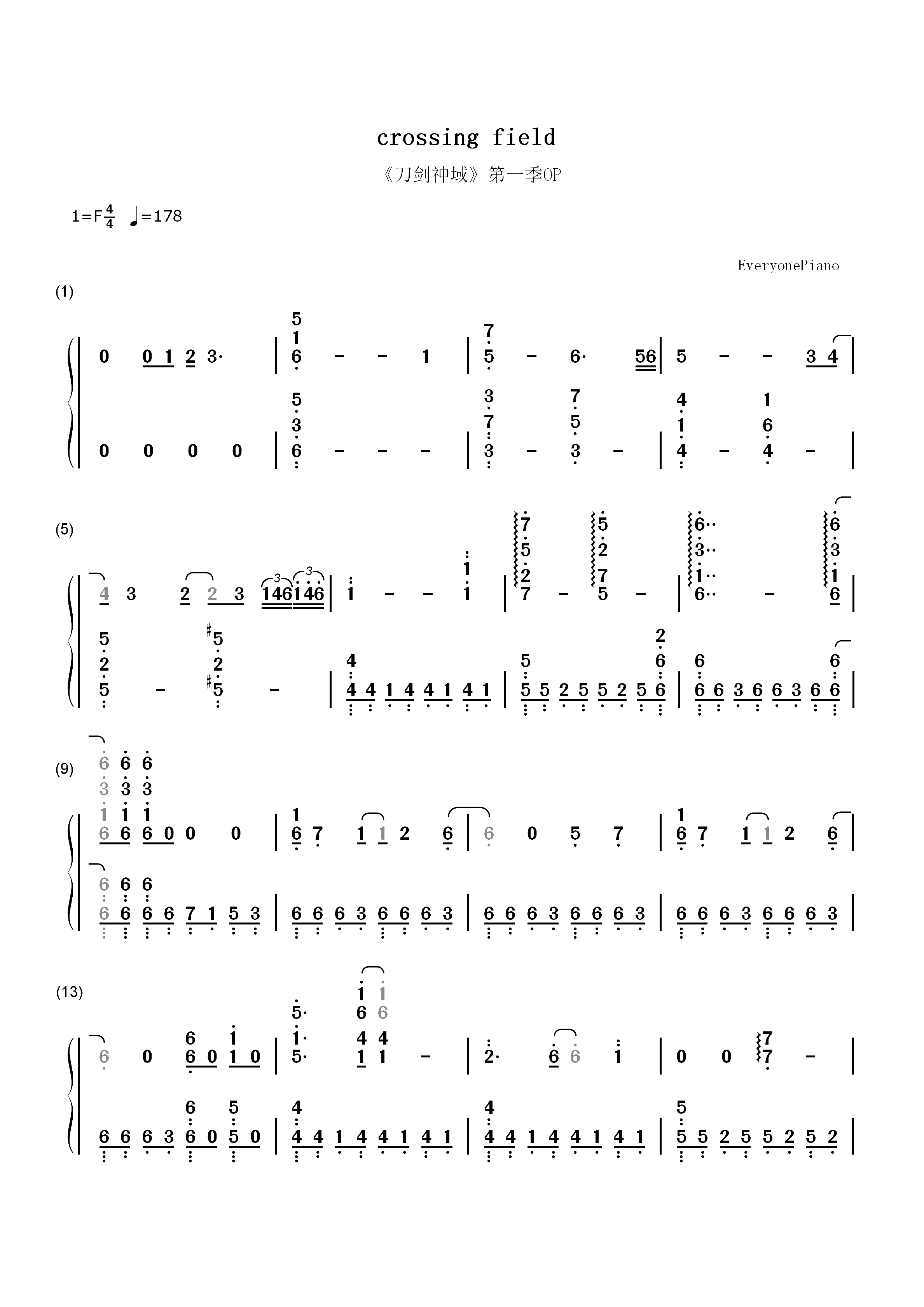 crossing field-《刀剑神域》第一季OP双手简谱预览1