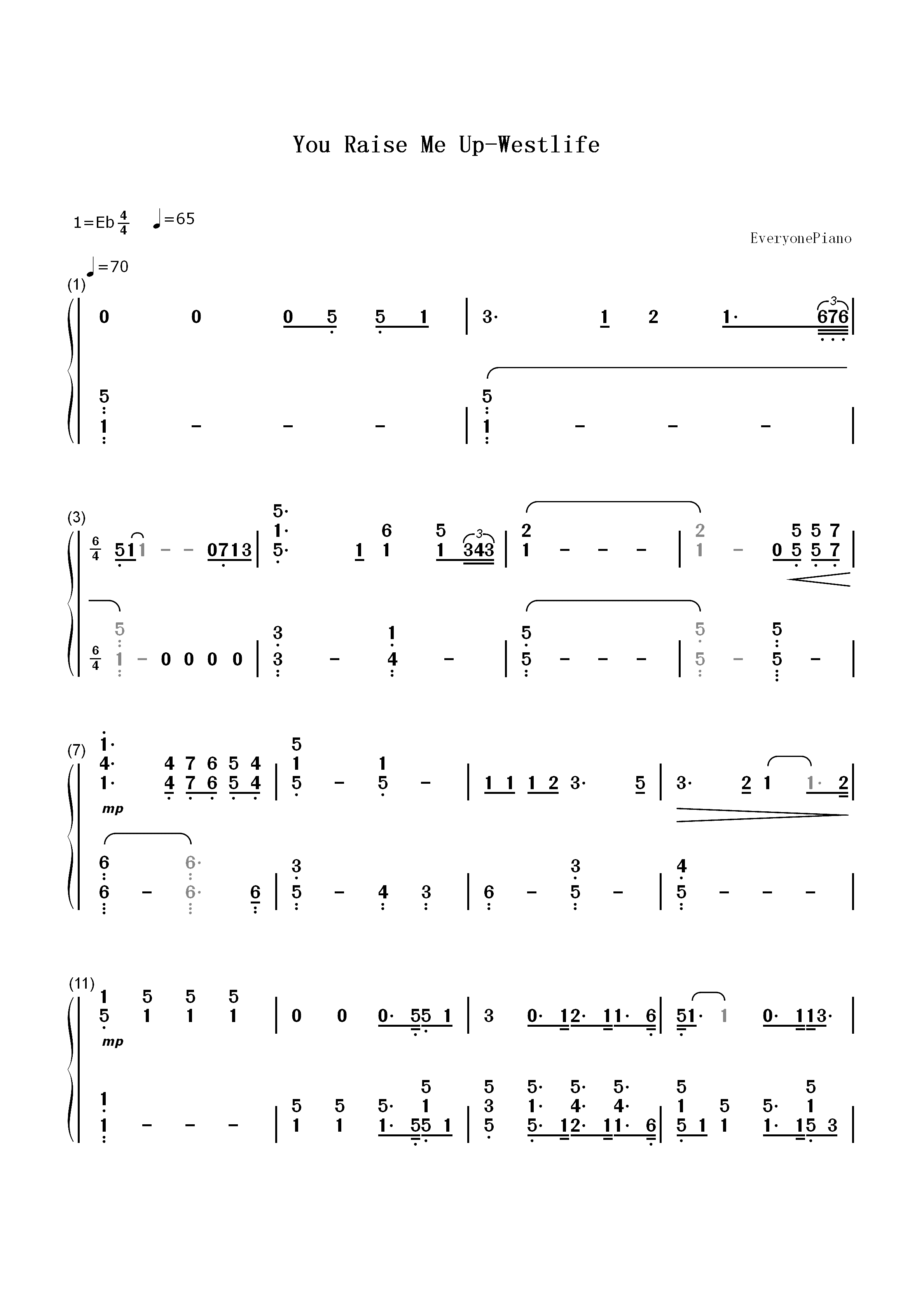 You Raise Me Up - Westlife双手简谱预览1