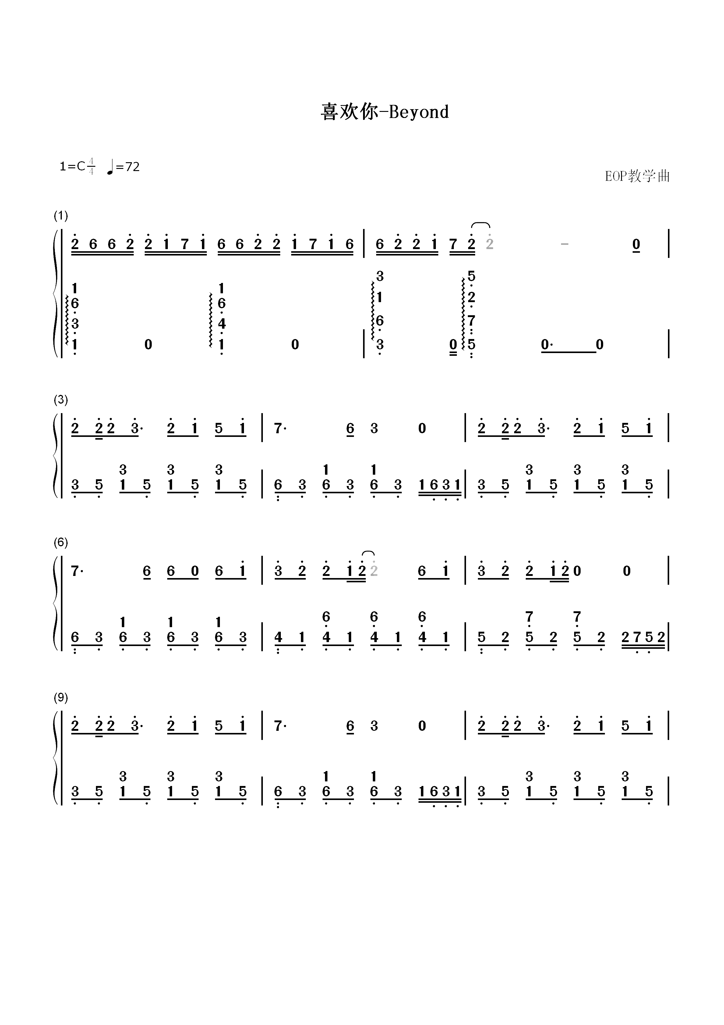 喜欢你-Beyond-EOP教学曲双手简谱预览1