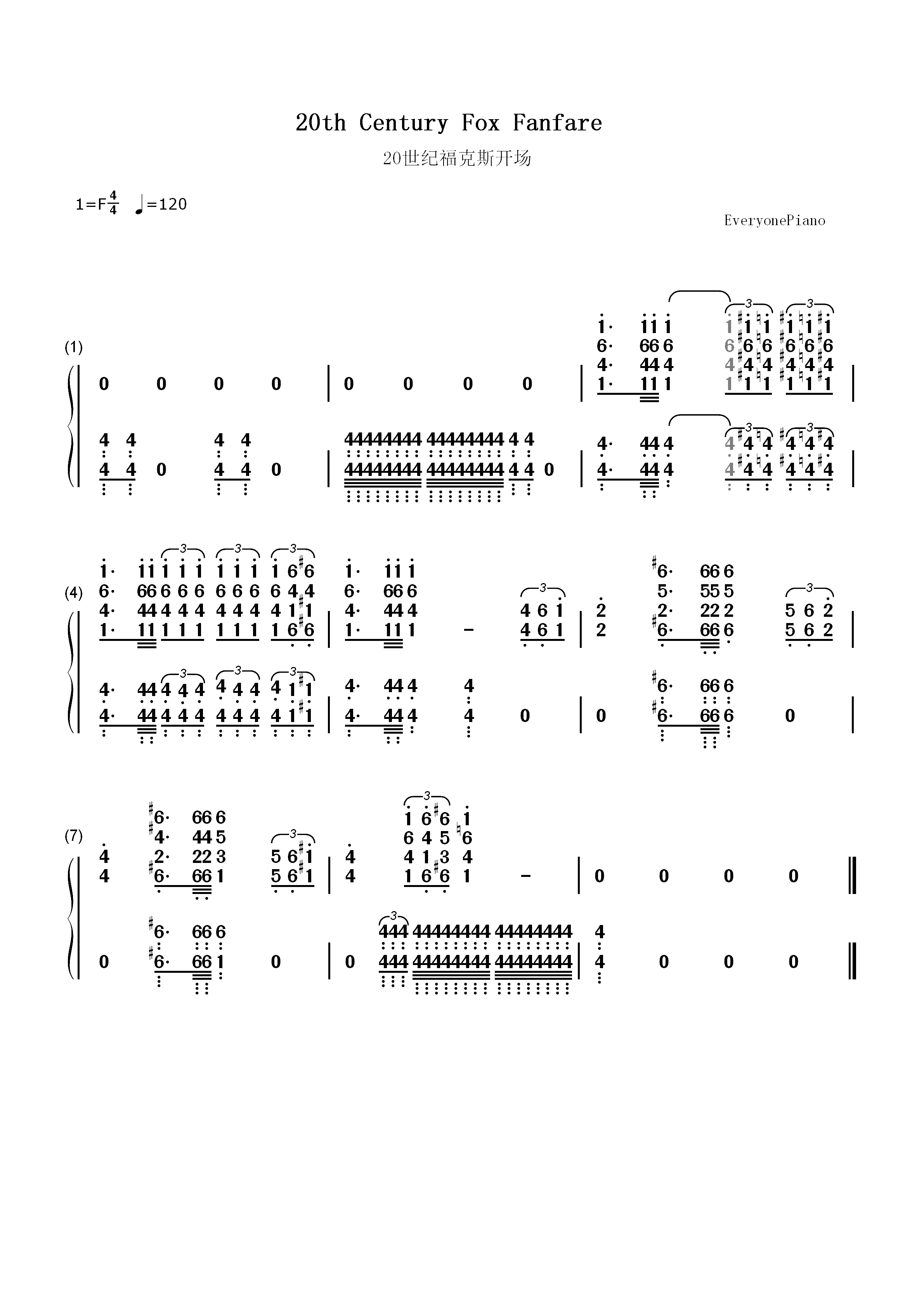 20世纪福克斯开场曲双手简谱预览1