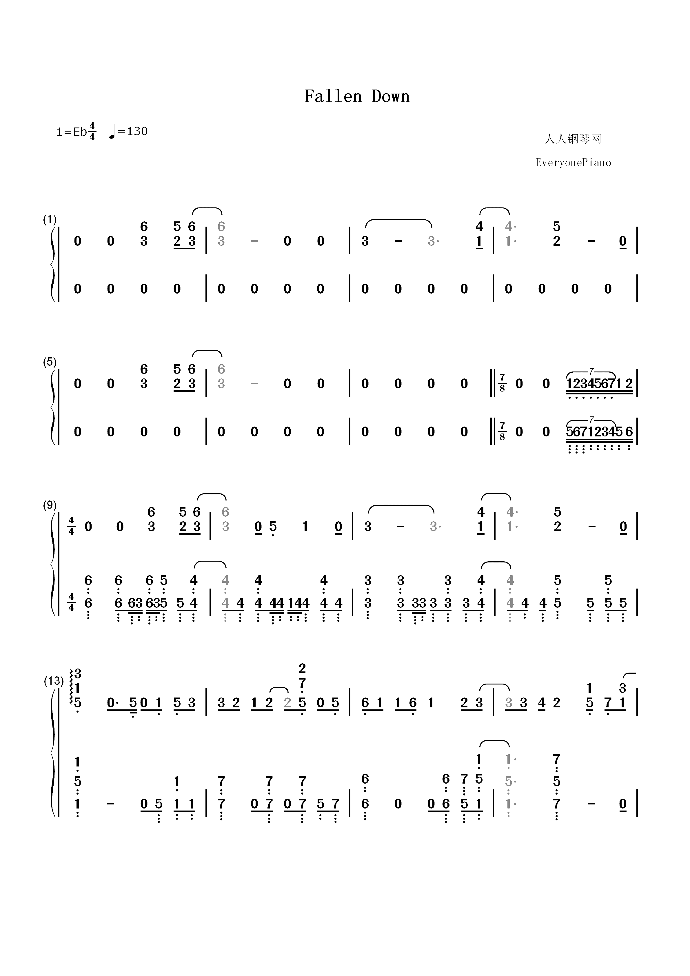 fallen down-《天降之物》插曲双手简谱预览1