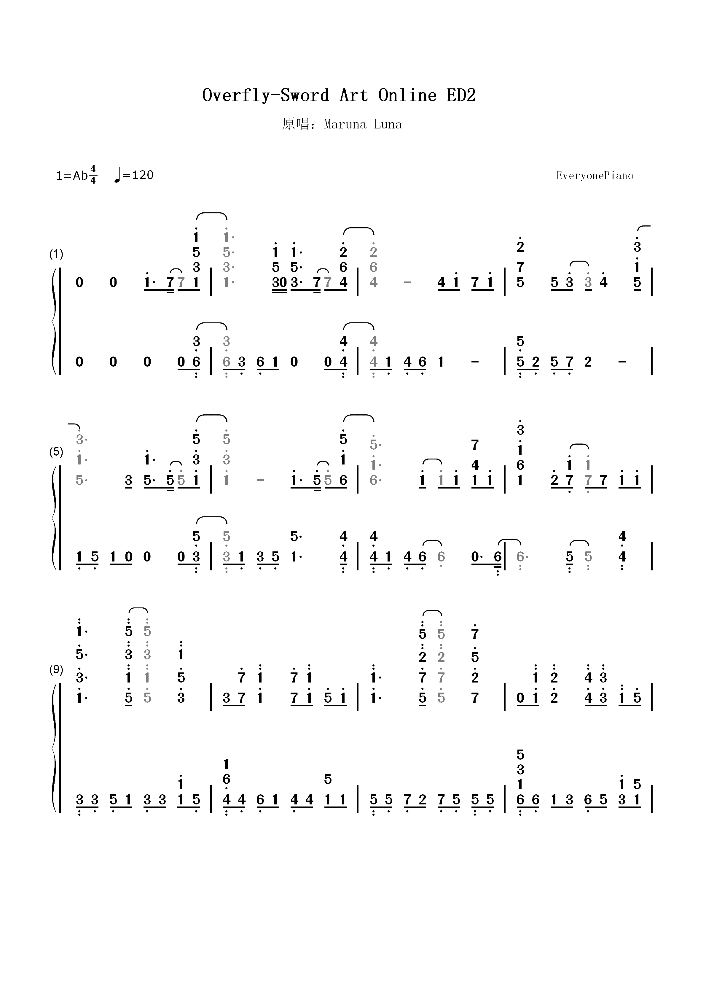 Overfly-《刀剑神域》ED2双手简谱预览1