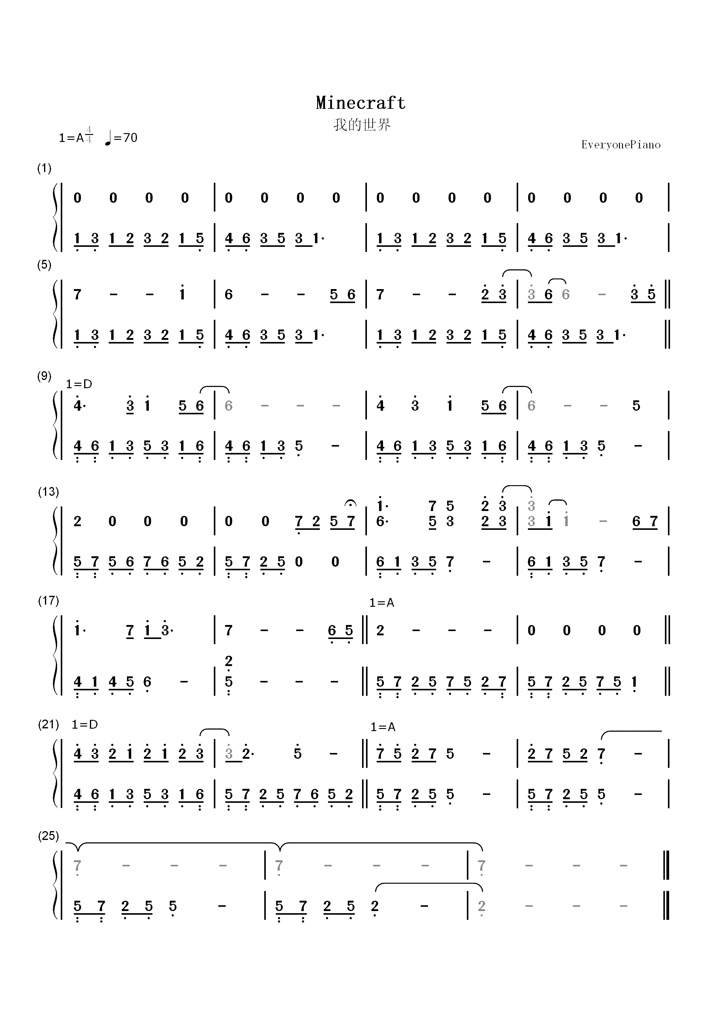 Minecraft背景音乐双手简谱预览1