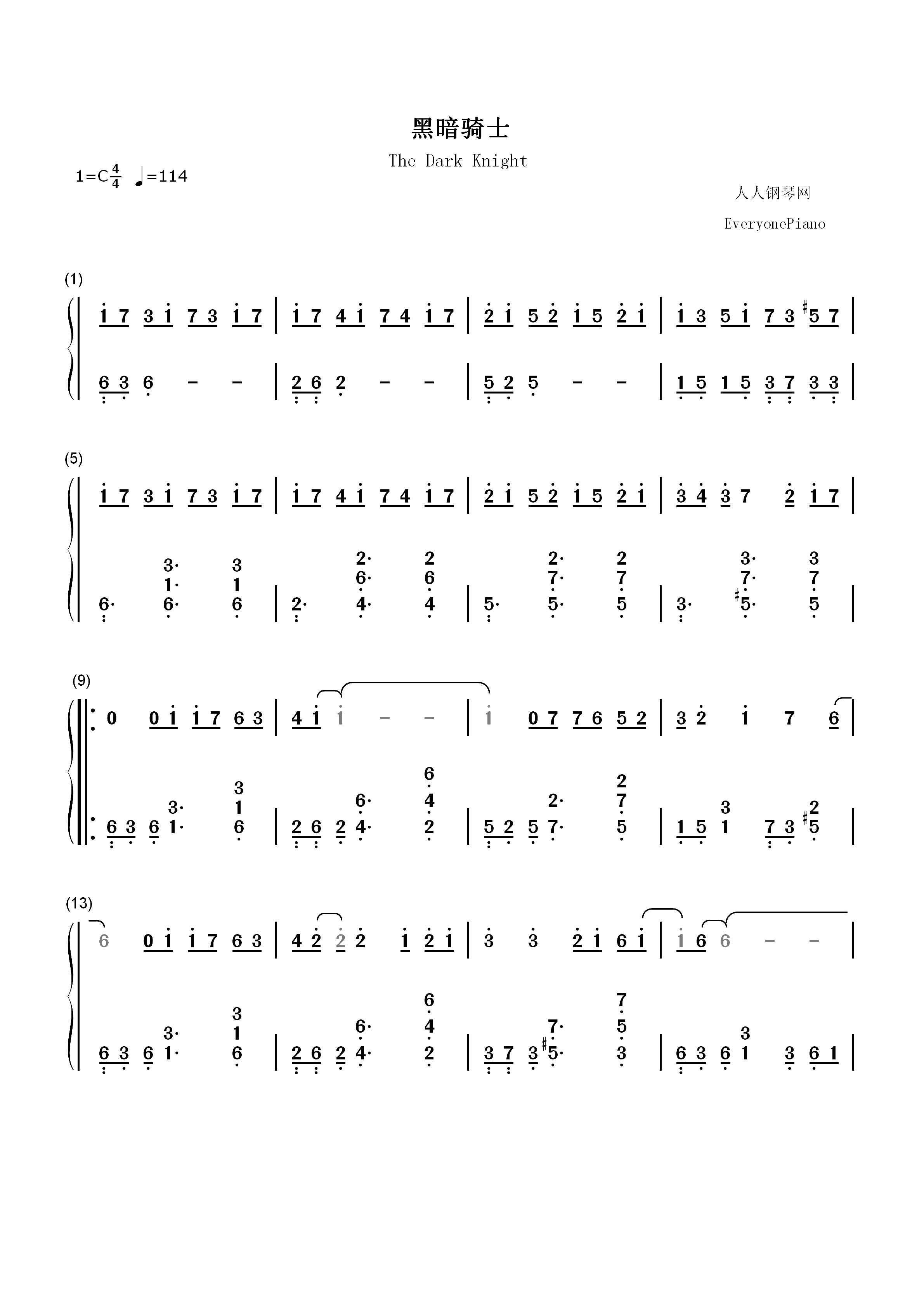 黑暗骑士-EOP教学曲双手简谱预览1