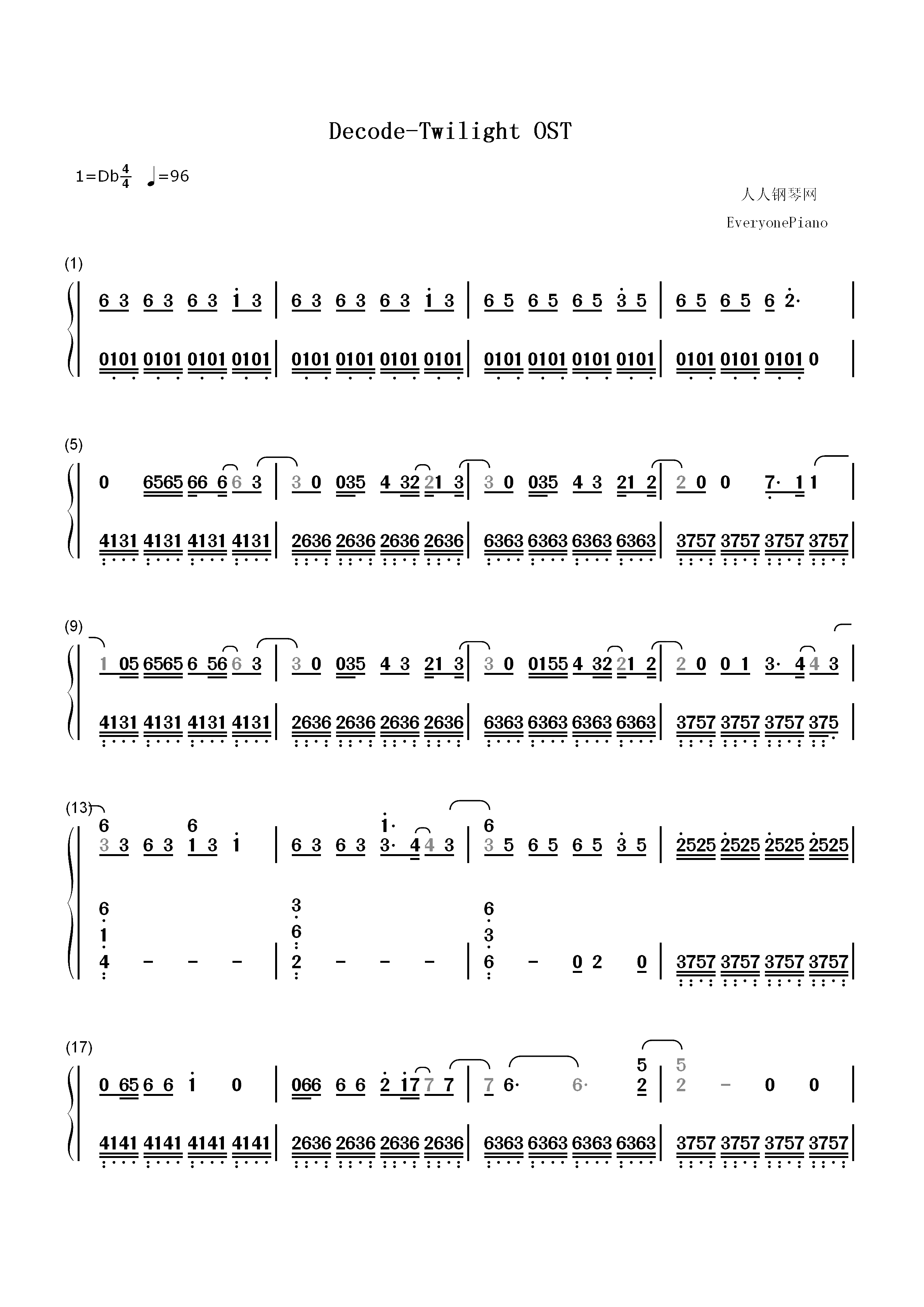 Decode-Twilight OST双手简谱预览1