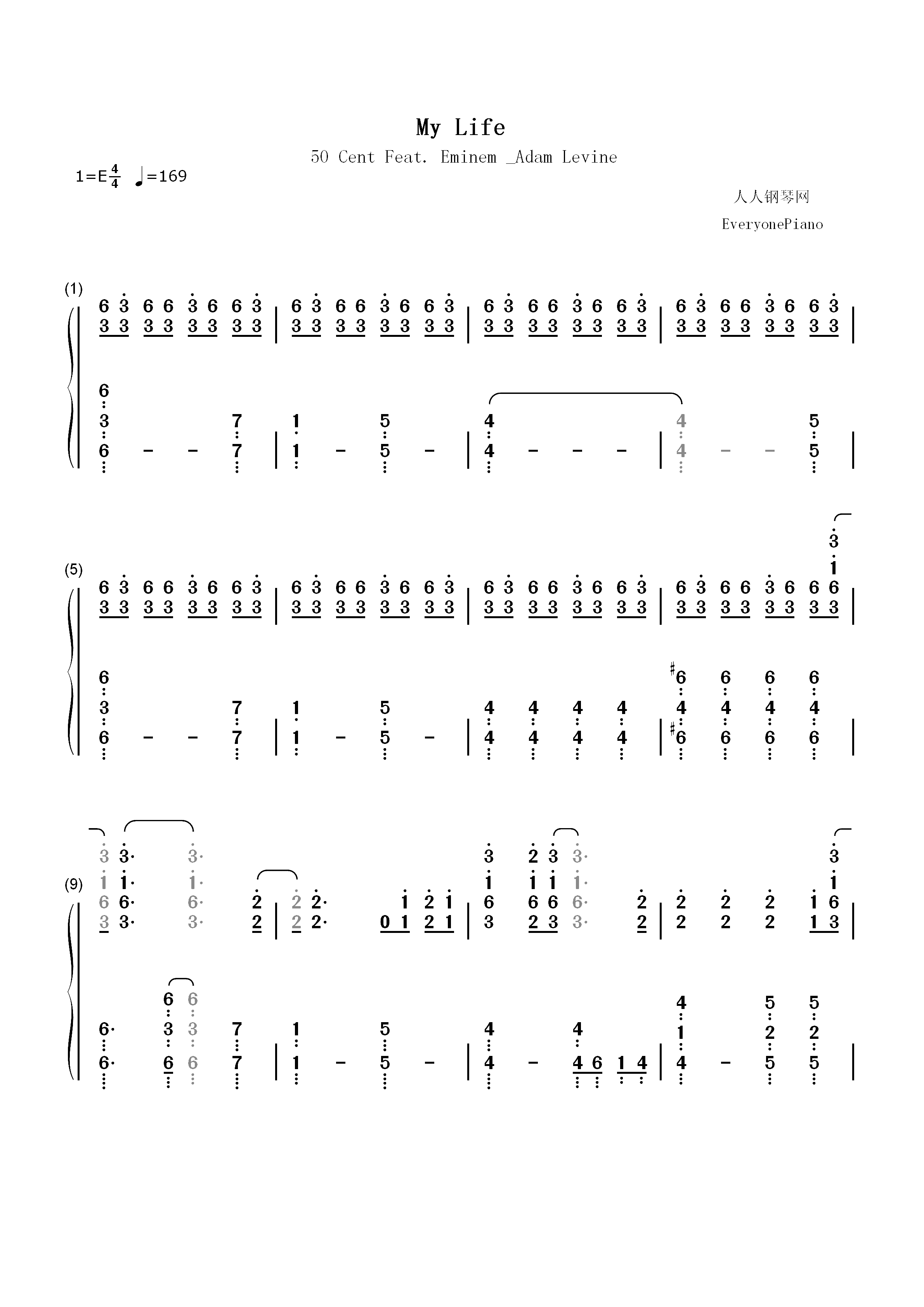 My Life - 50 Cent Feat. Eminem & Adam Levine双手简谱预览1