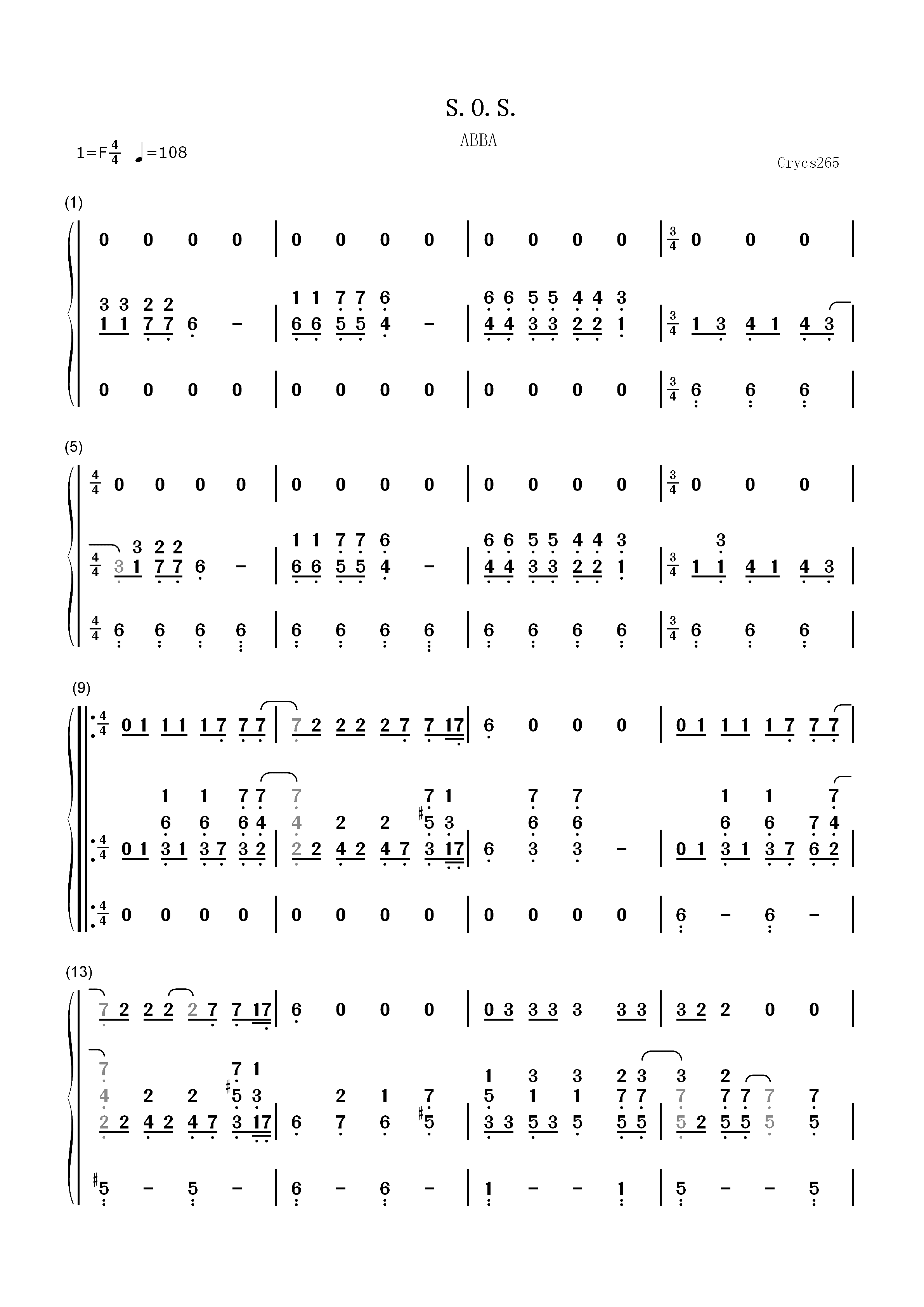 SOS-ABBA双手简谱预览1
