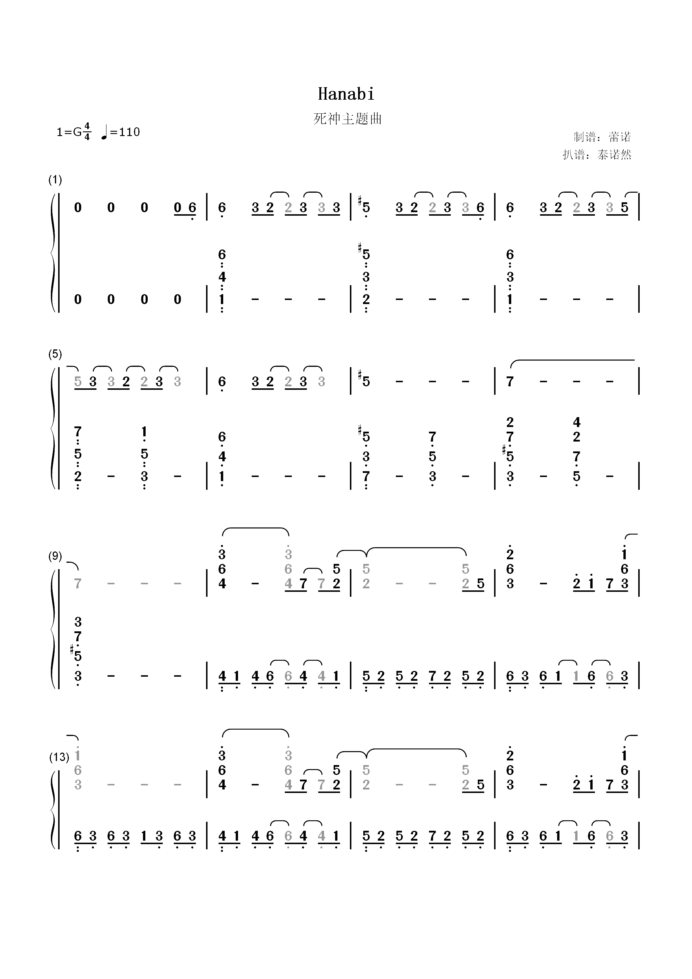 HANABI-死神ED7双手简谱预览1