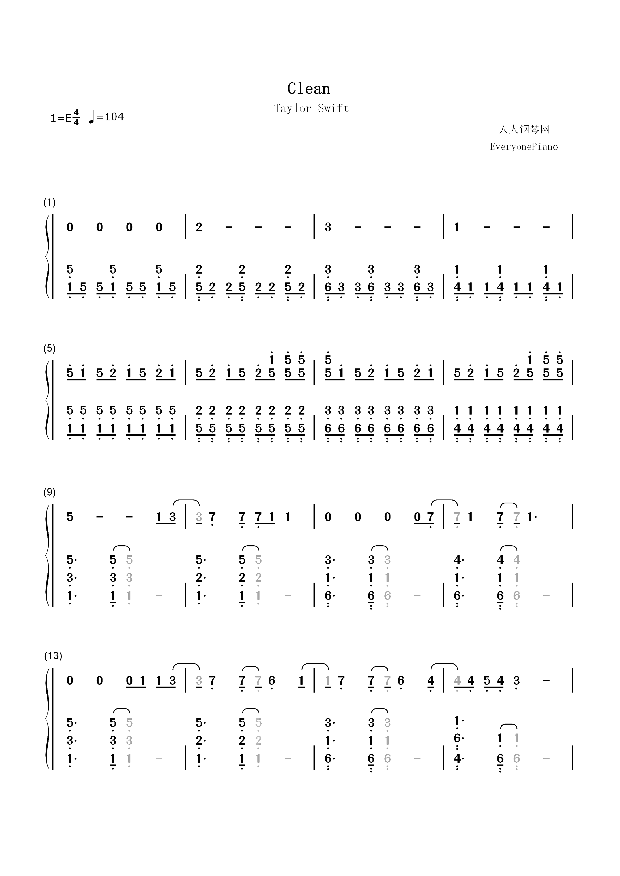 Clean-Taylor Swift双手简谱预览1
