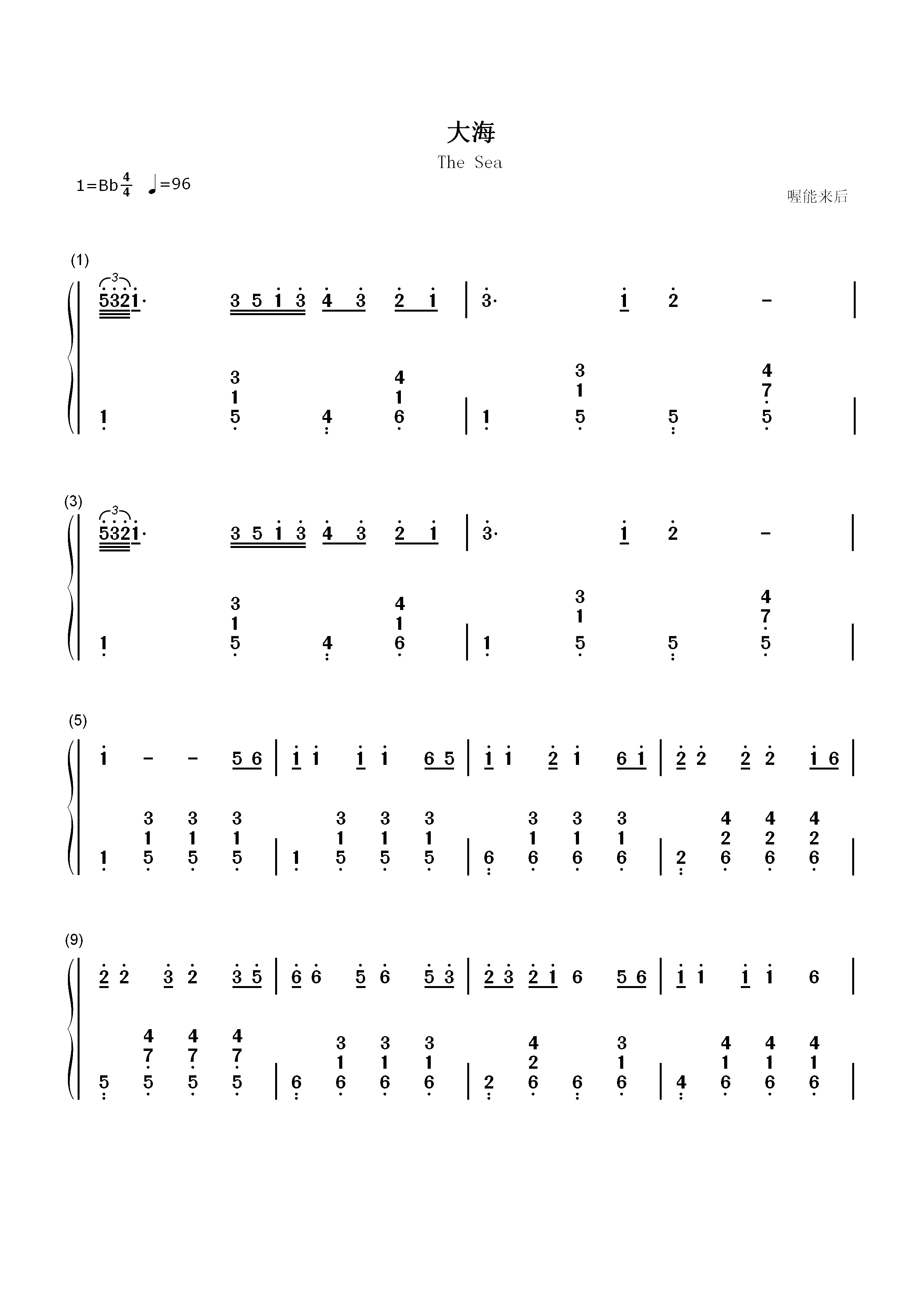 大海-张雨生双手简谱预览1