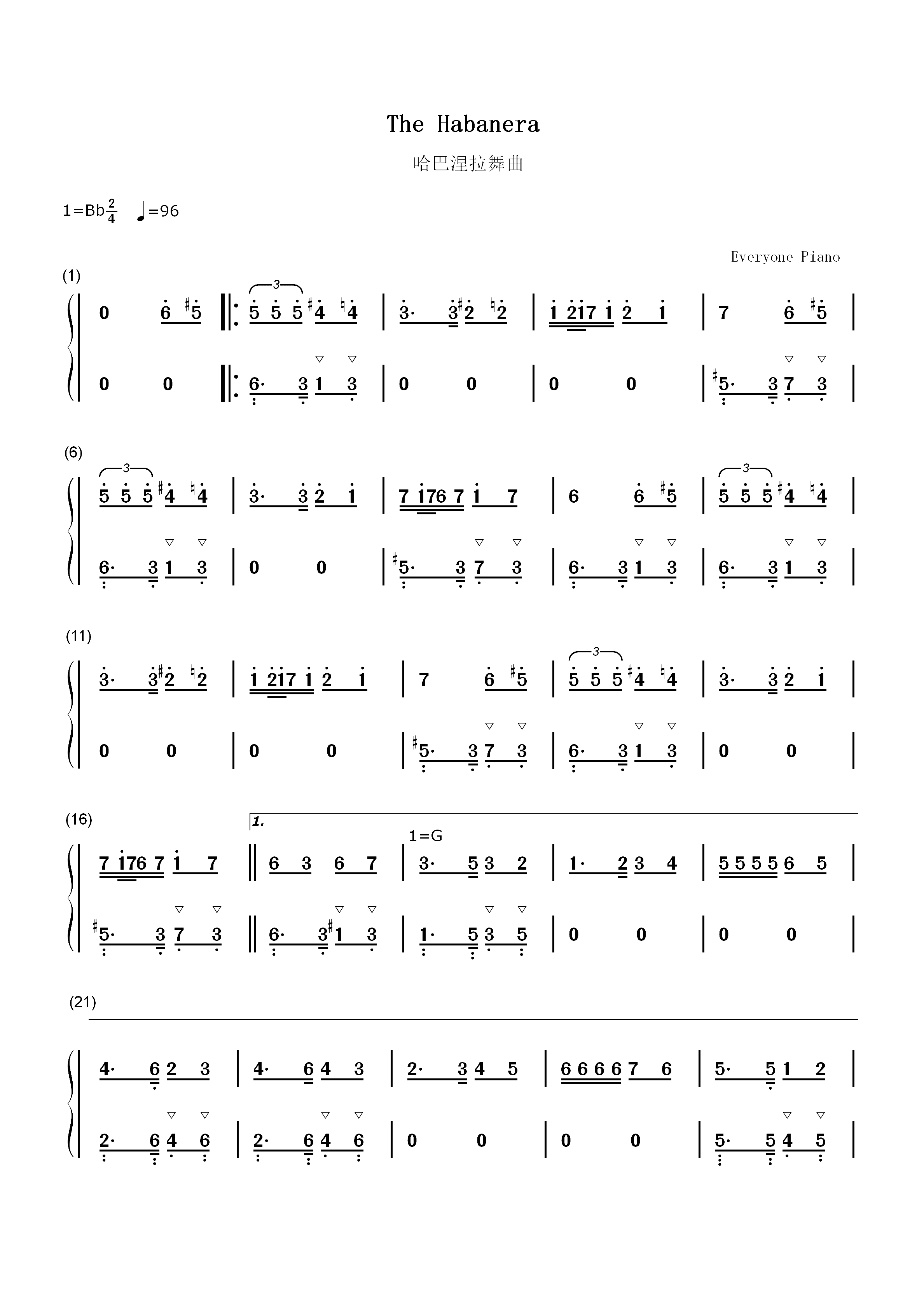 哈巴涅拉舞曲-乔治•比才双手简谱预览1