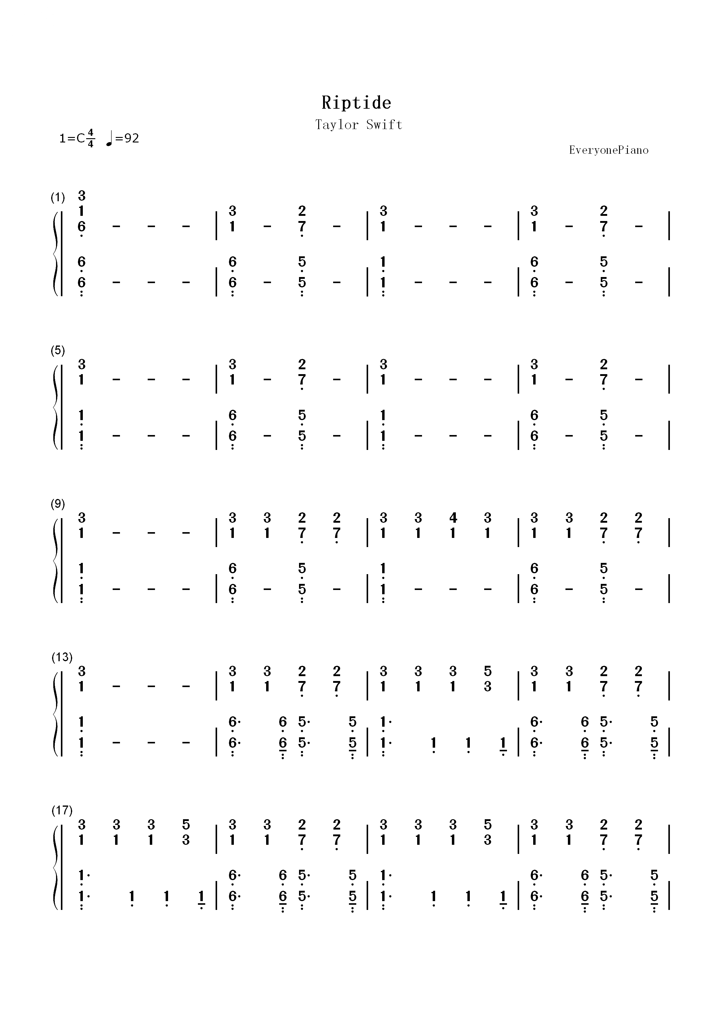 Riptide-Taylor Swift双手简谱预览1