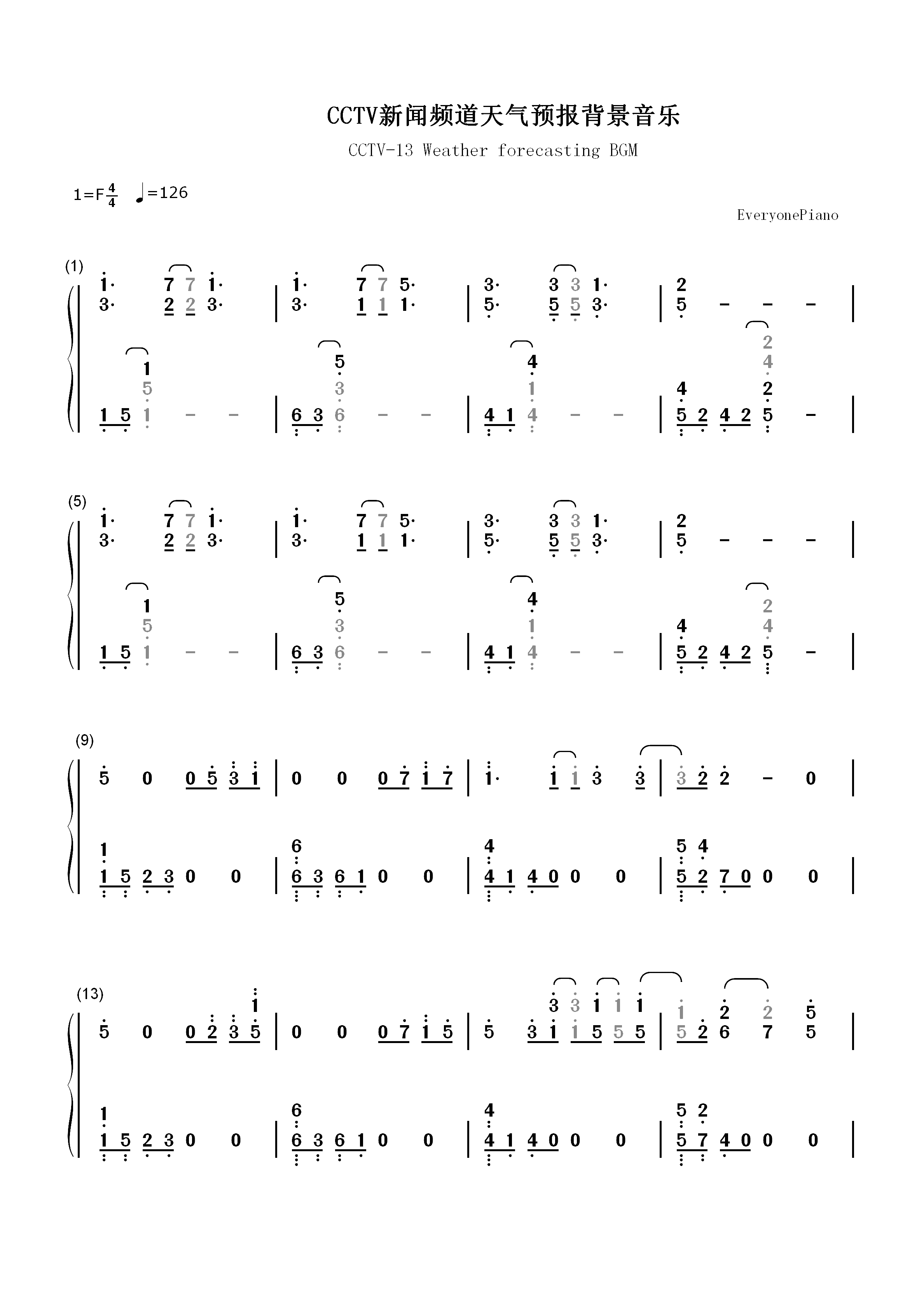 CCTV新闻频道天气预报背景音乐双手简谱预览1