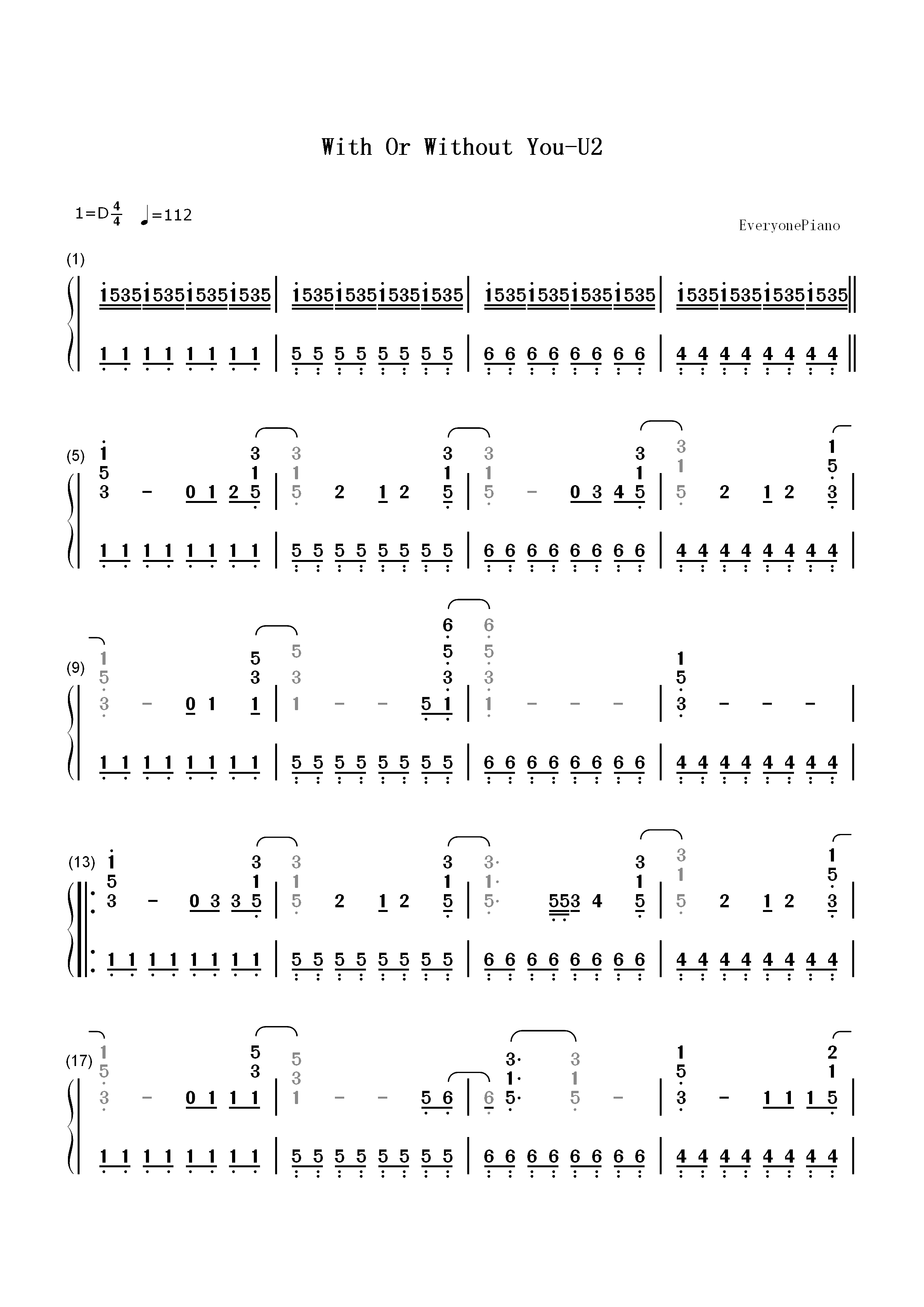 With Or Without You-U2双手简谱预览1