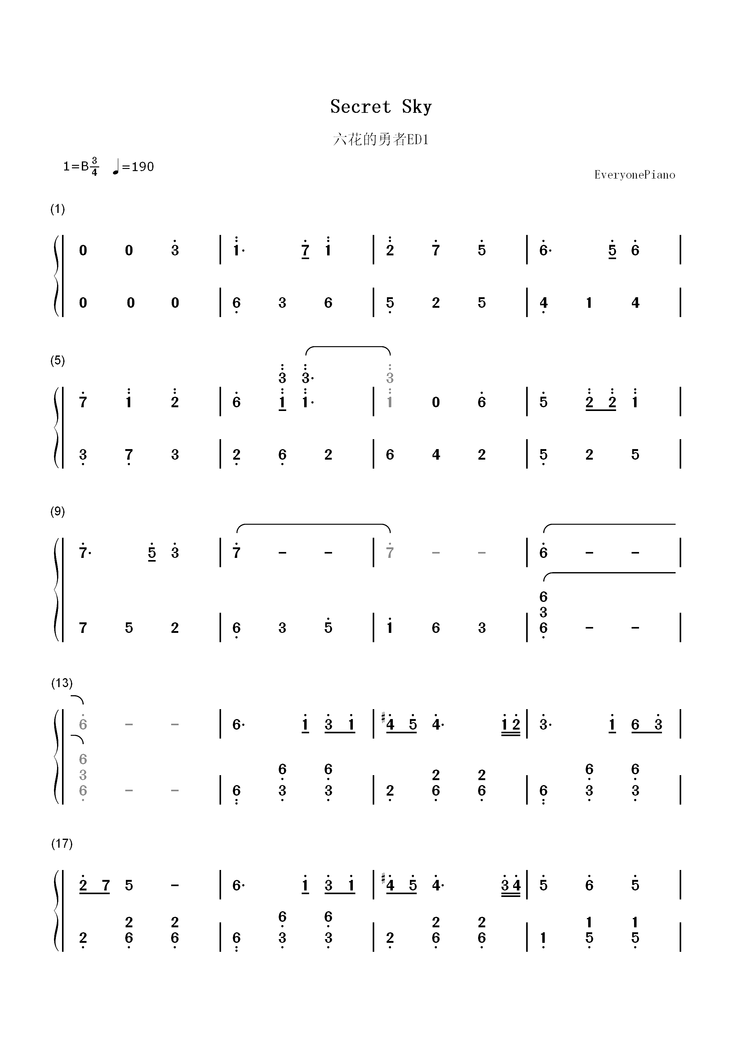 Secret Sky-六花的勇者ED1双手简谱预览1