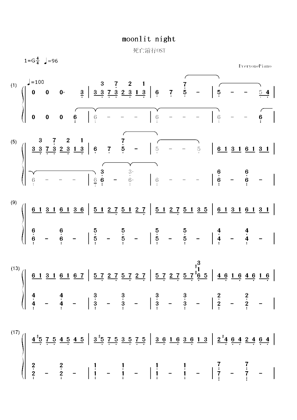 Moonlit Night-死亡游戏OST双手简谱预览1