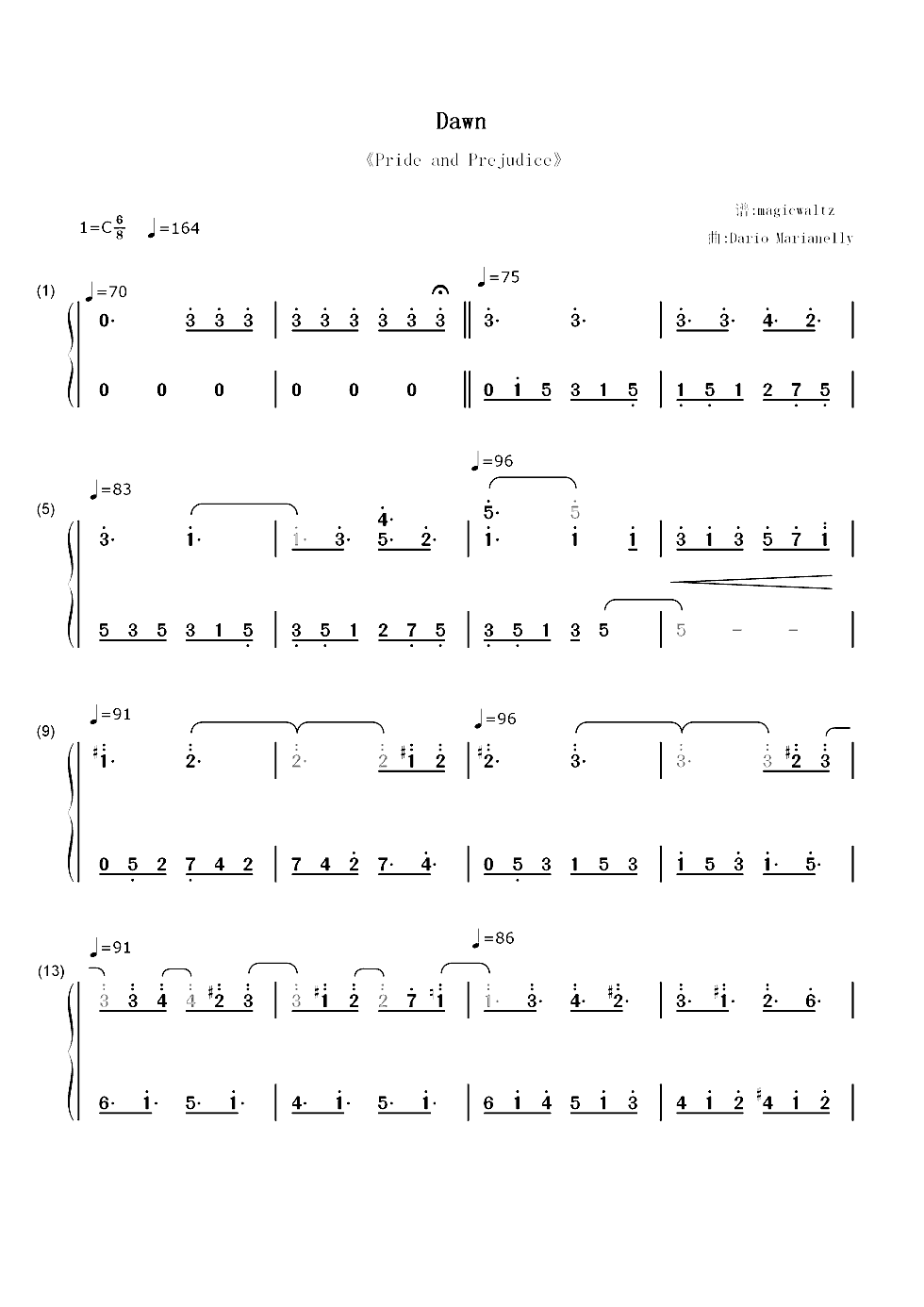 Dawn-傲慢与偏见配乐双手简谱预览1