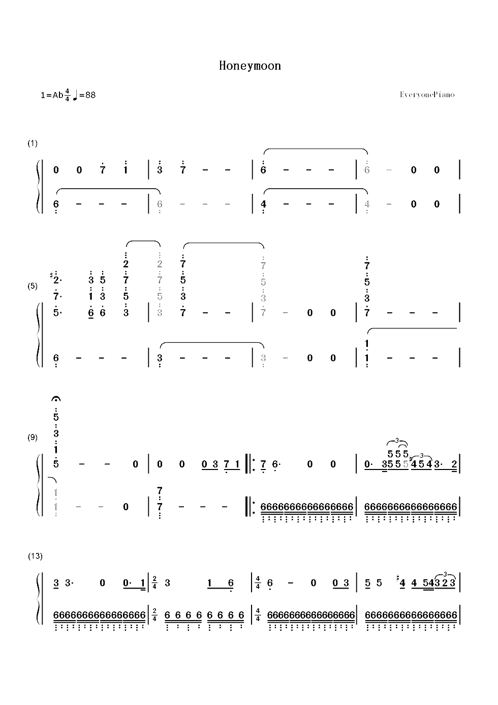 Honeymoon-钢琴版双手简谱预览1