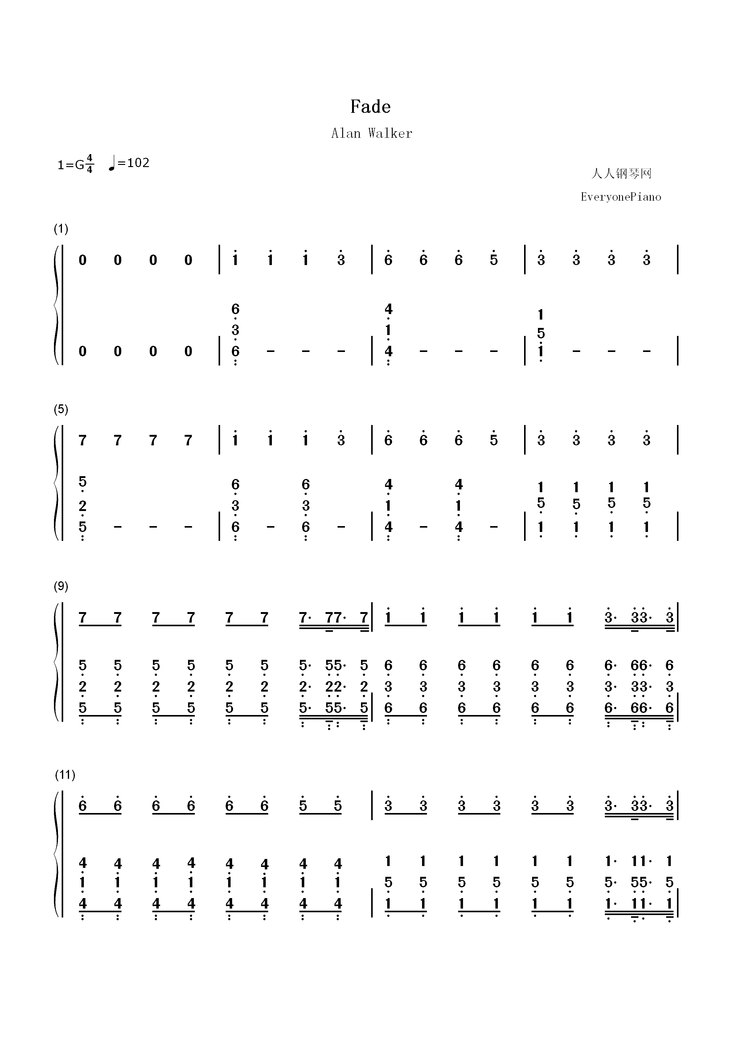 Fade-Alan Walker双手简谱预览1