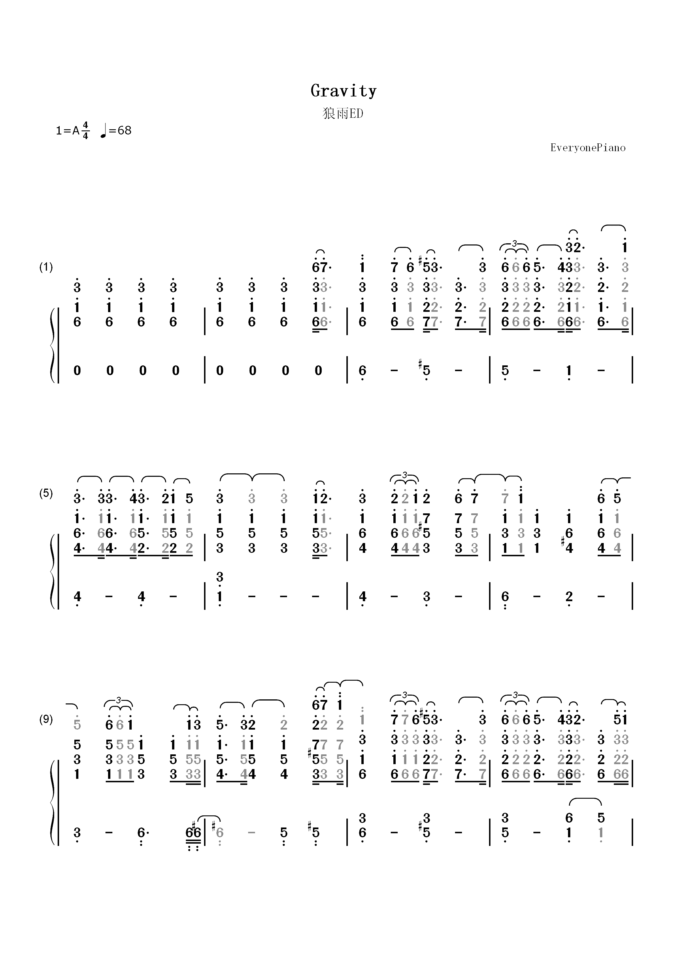 Gravity-狼雨ED双手简谱预览1