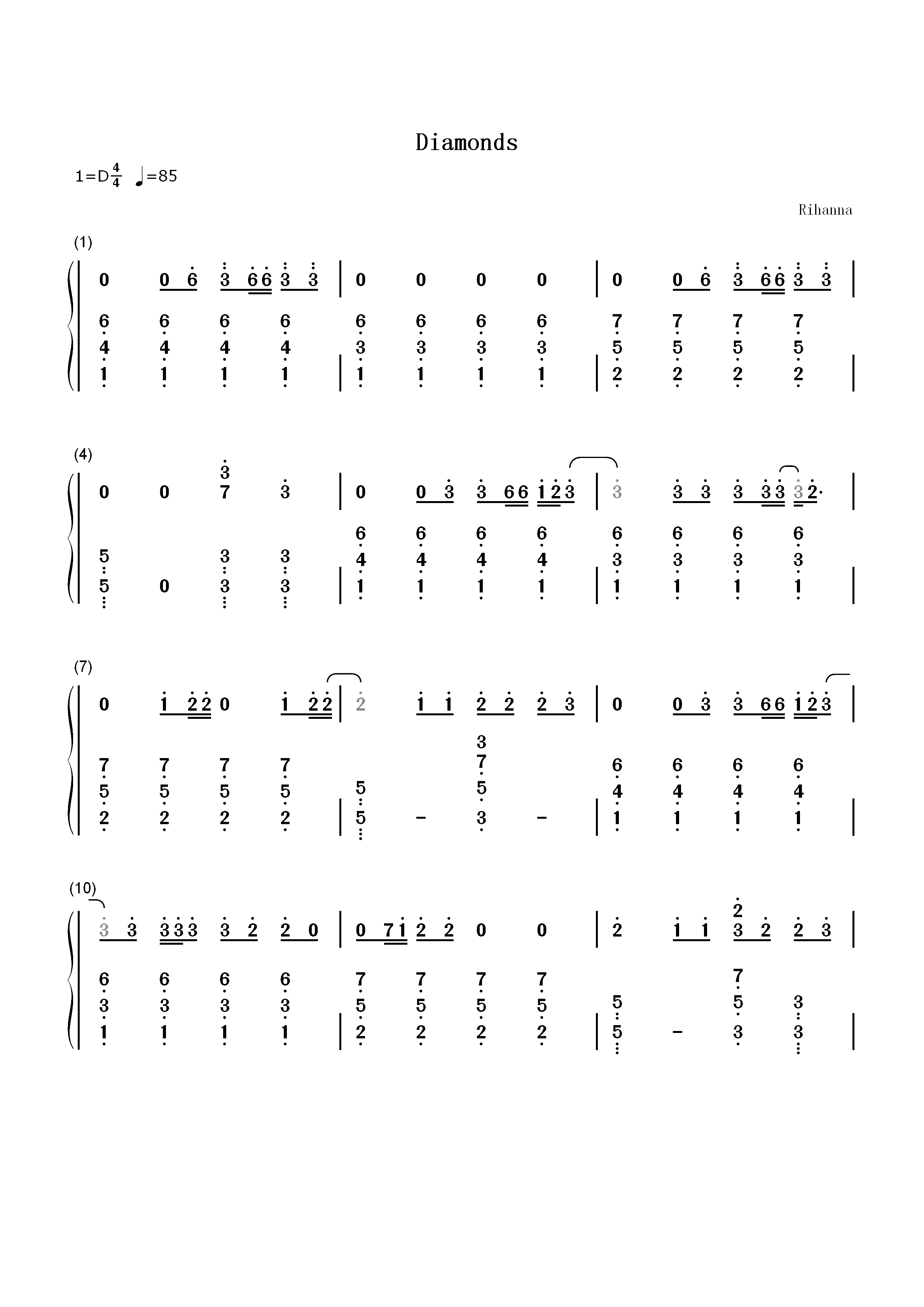Diamonds简单版-Rihanna双手简谱预览1