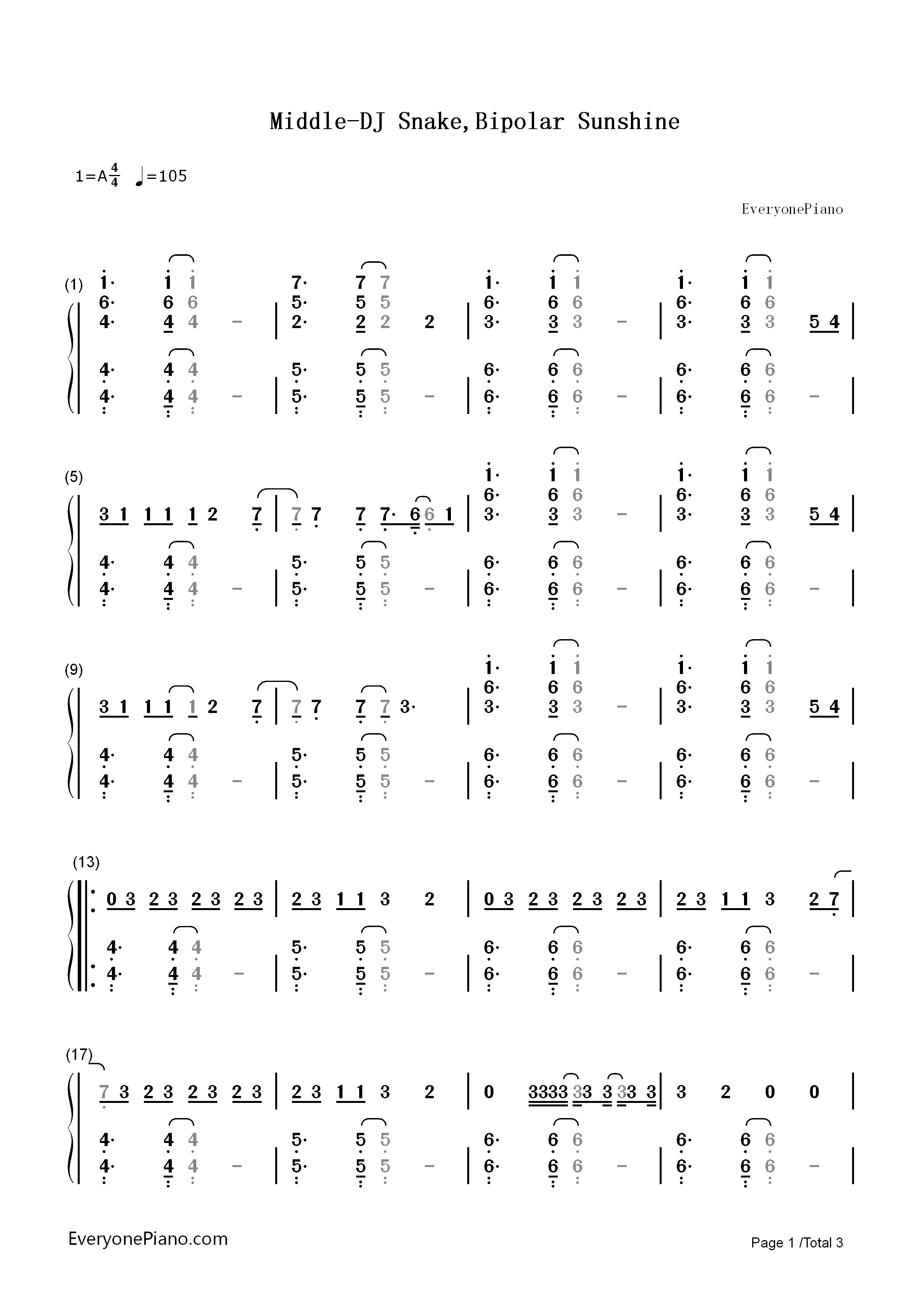 Middle-DJ Snake,Bipolar Sunshine双手简谱预览1