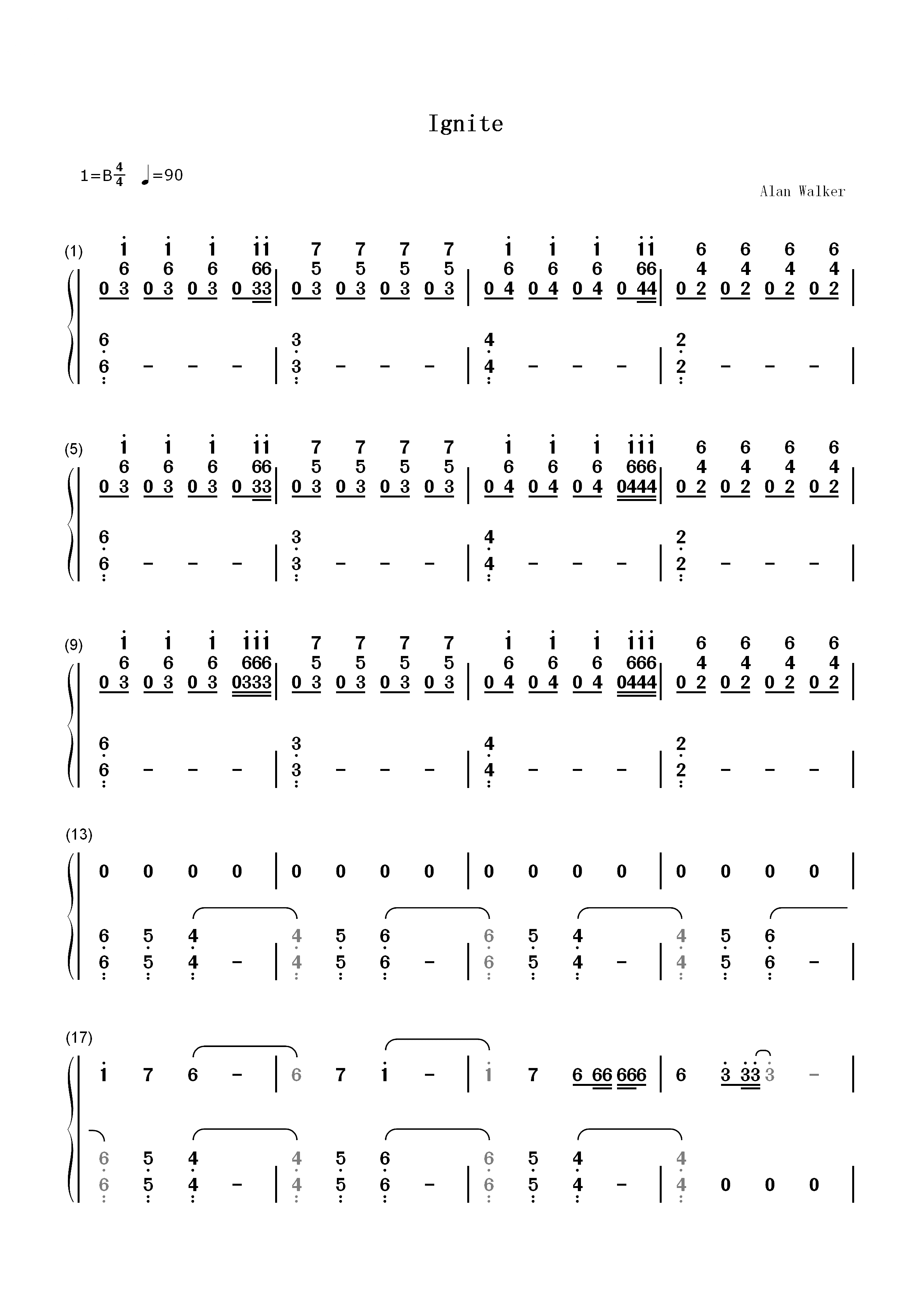 Ignite-Alan Walker双手简谱预览1