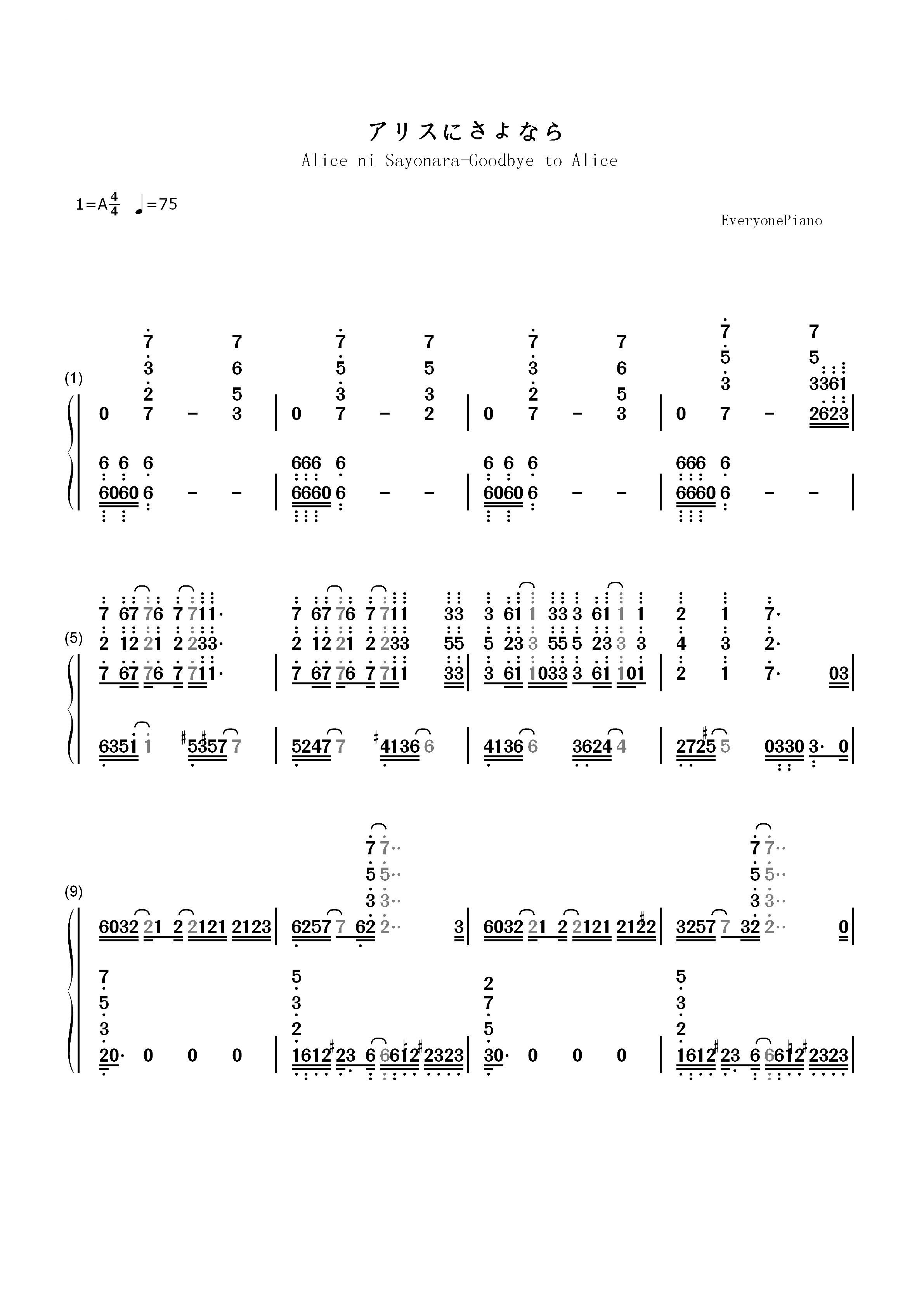 アリスにさよなら-GUMI双手简谱预览1