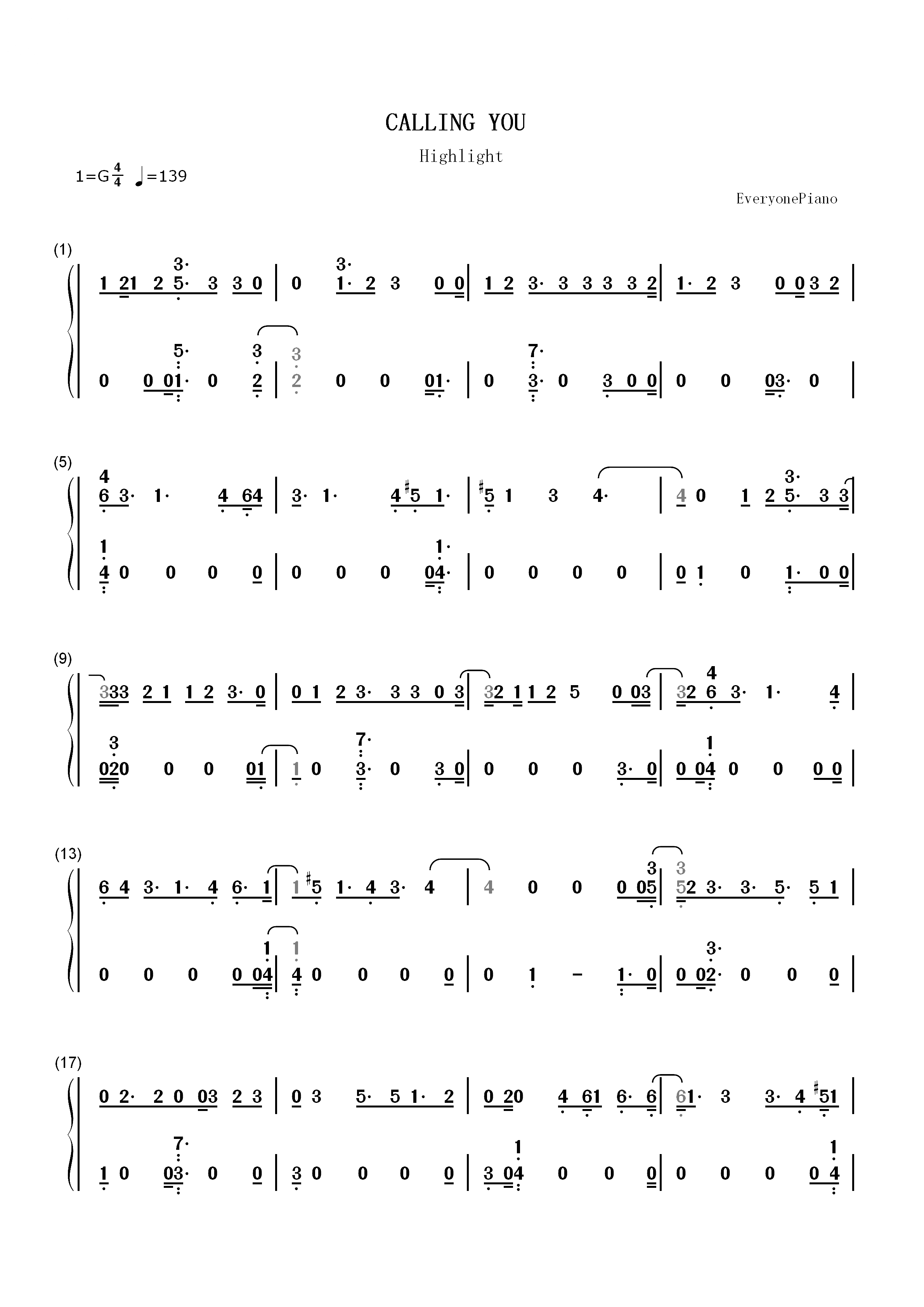 CALLING YOU-Highlight双手简谱预览1