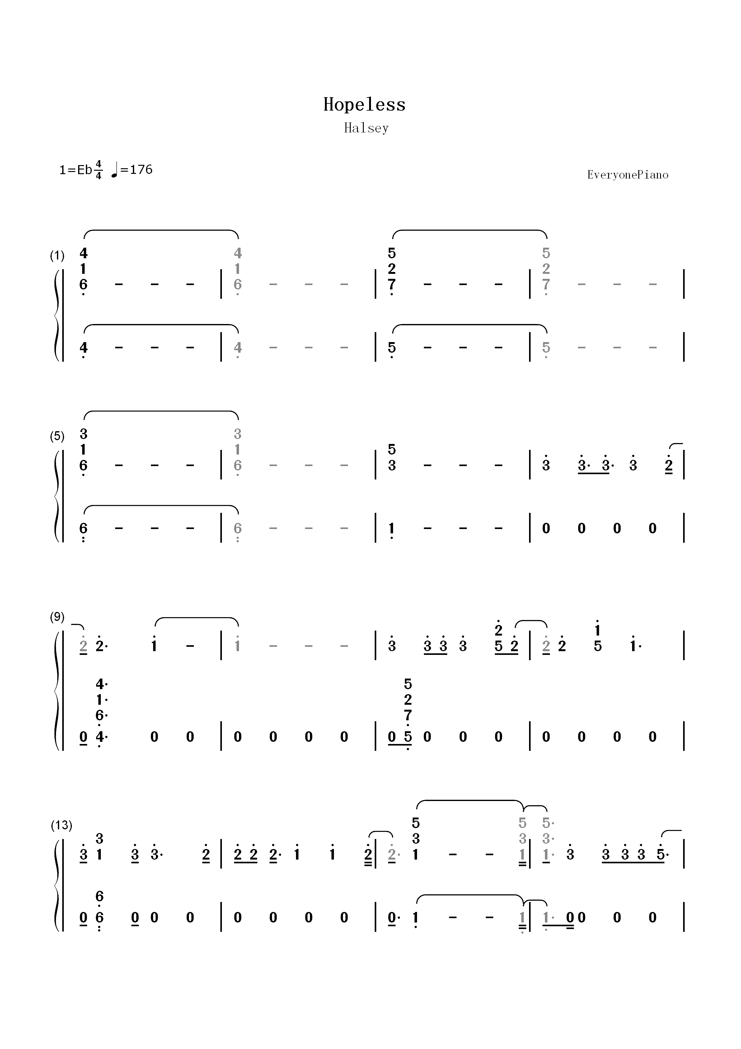 Hopeless-Halsey双手简谱预览1