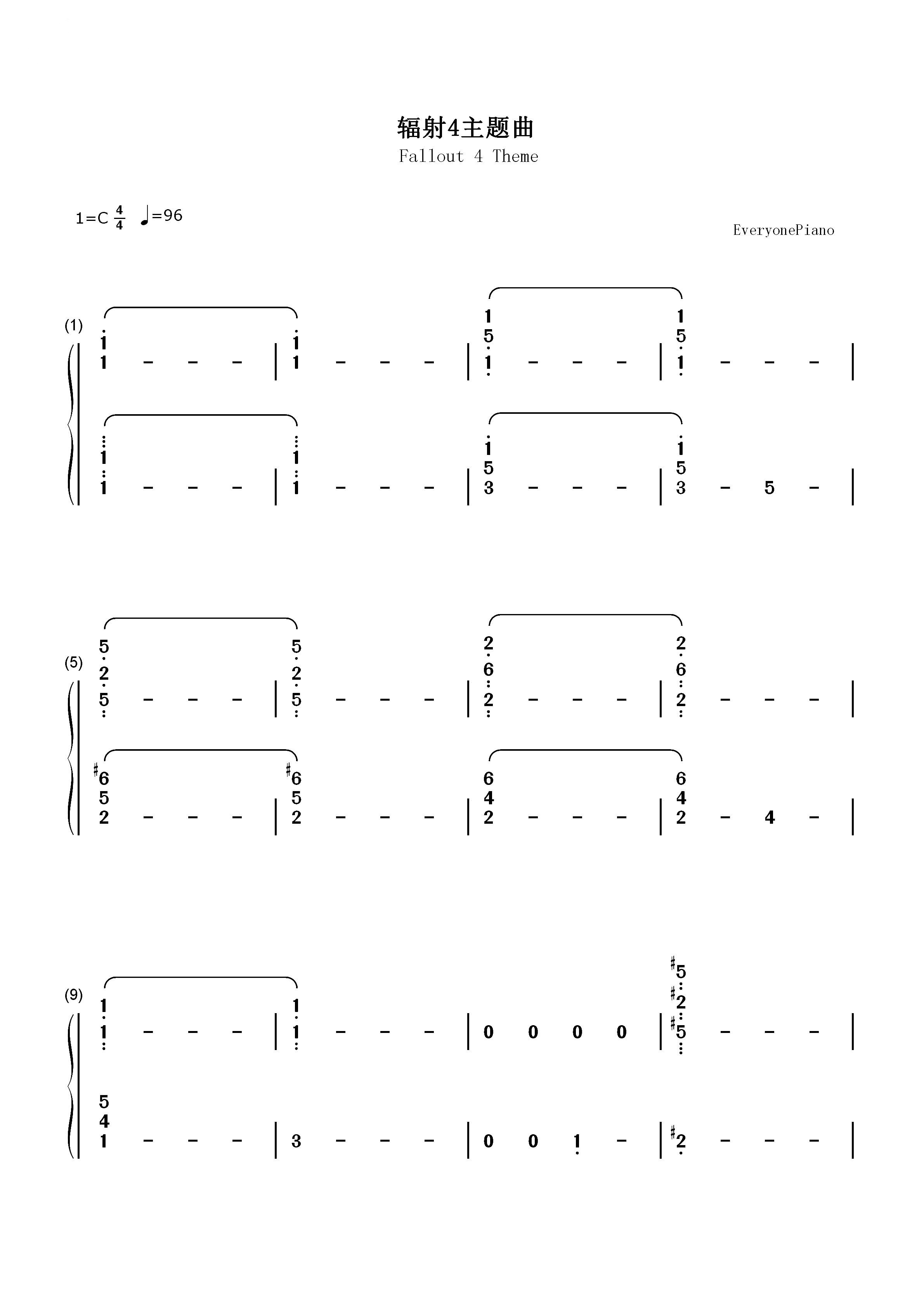 辐射4主题曲双手简谱预览1