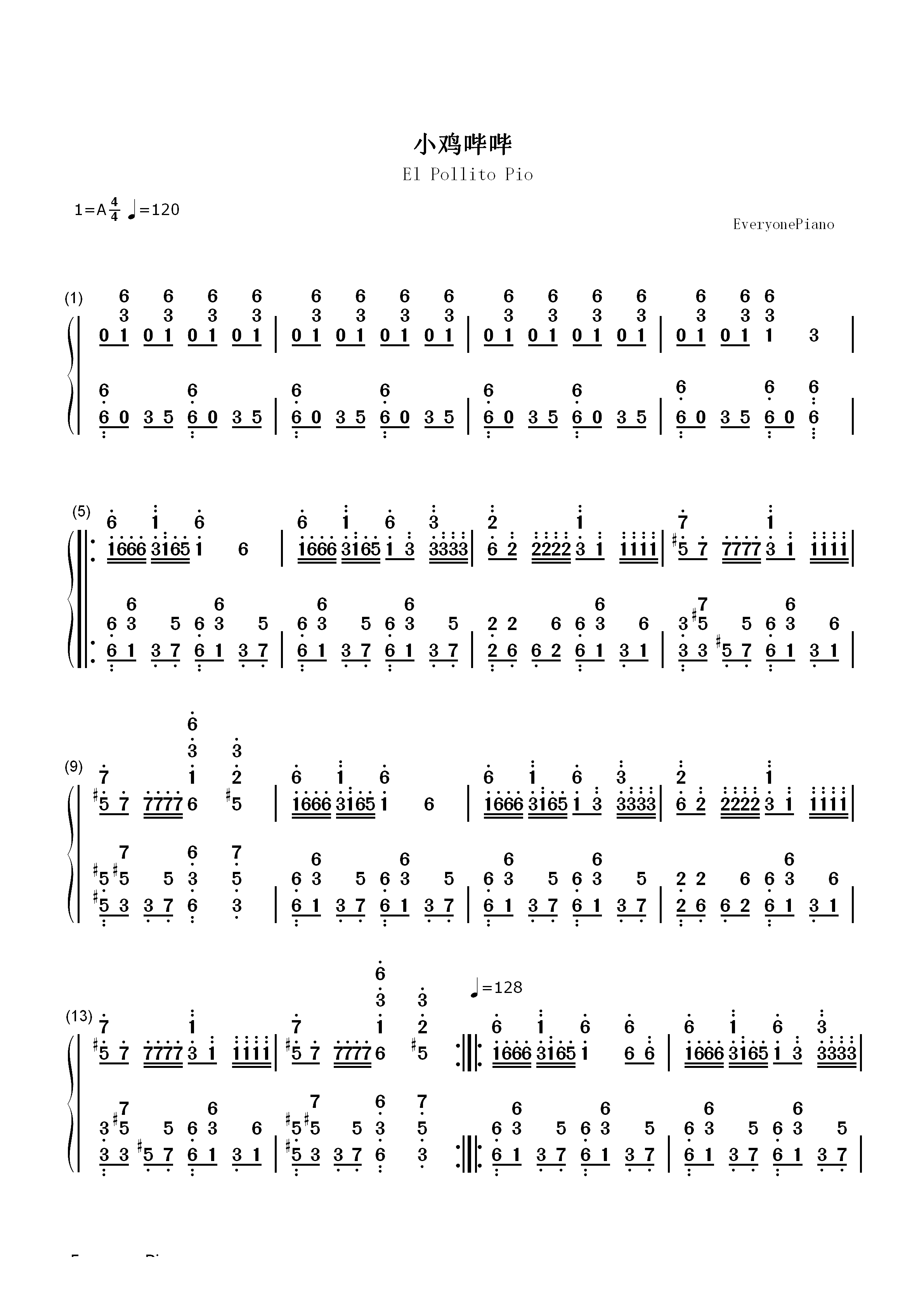 小鸡哔哔-El Pollito Pio双手简谱预览1