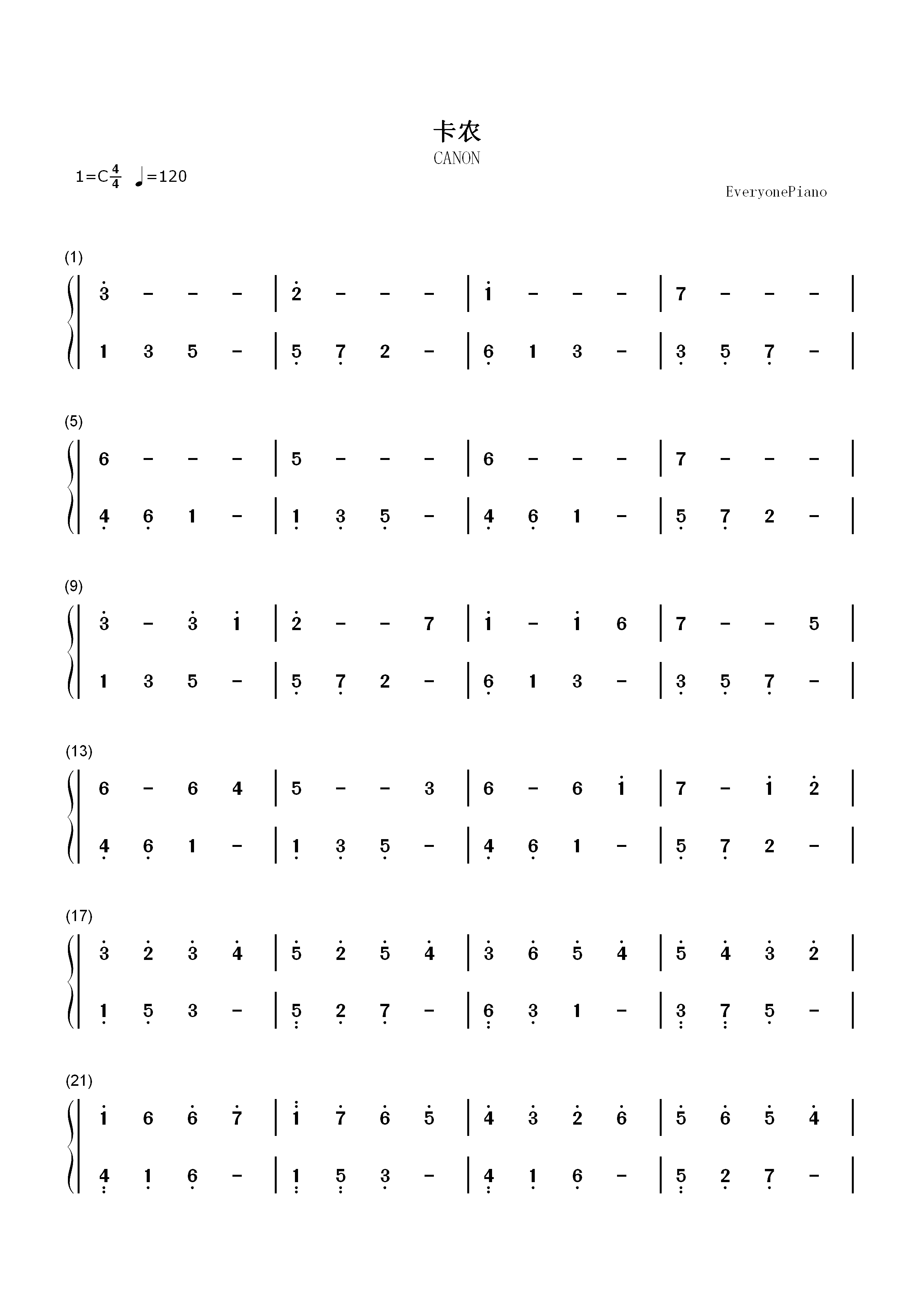 卡农-Canon-C大调初学者版双手简谱预览1
