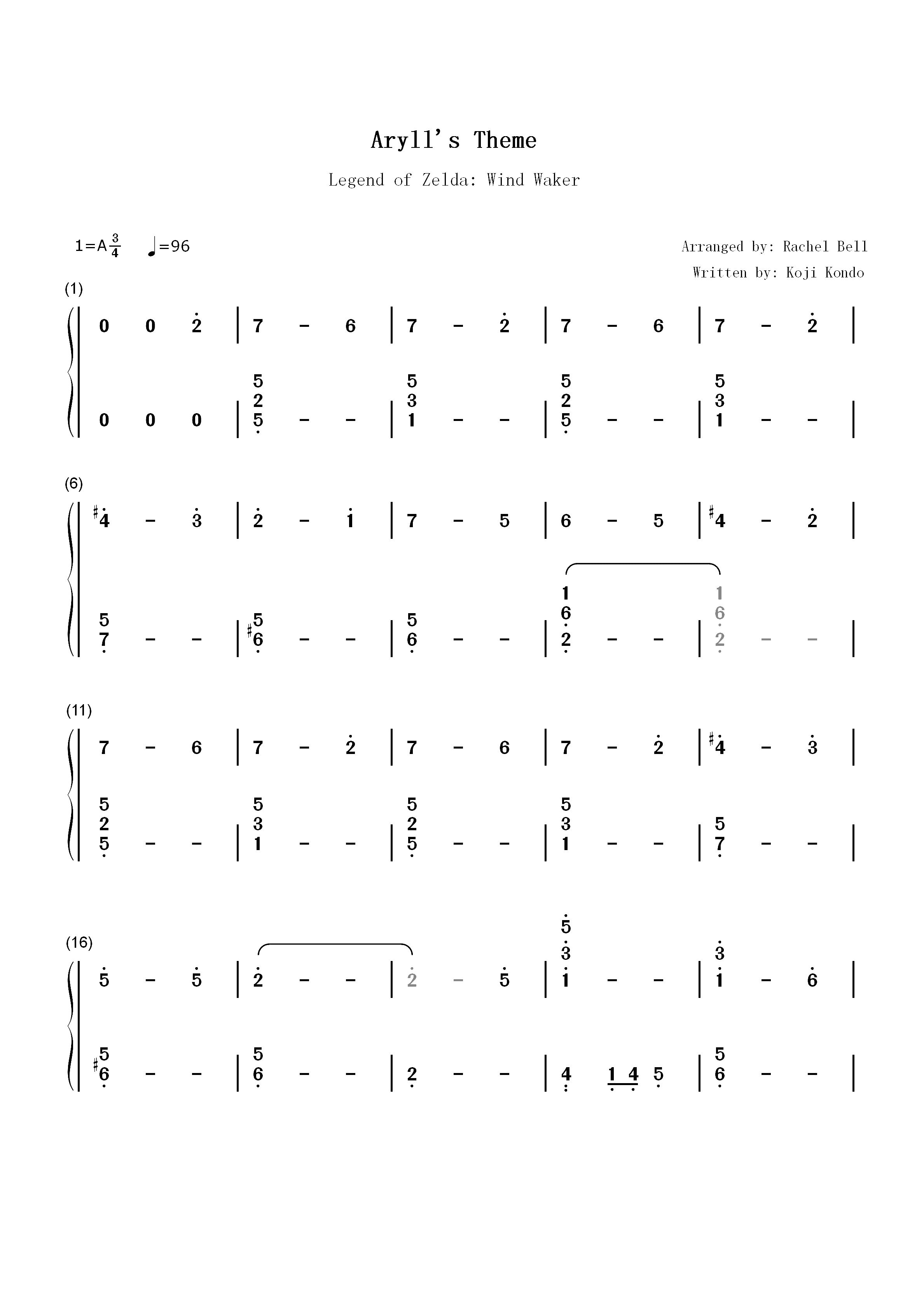 Arylls Theme-塞尔达传说风之杖双手简谱预览1