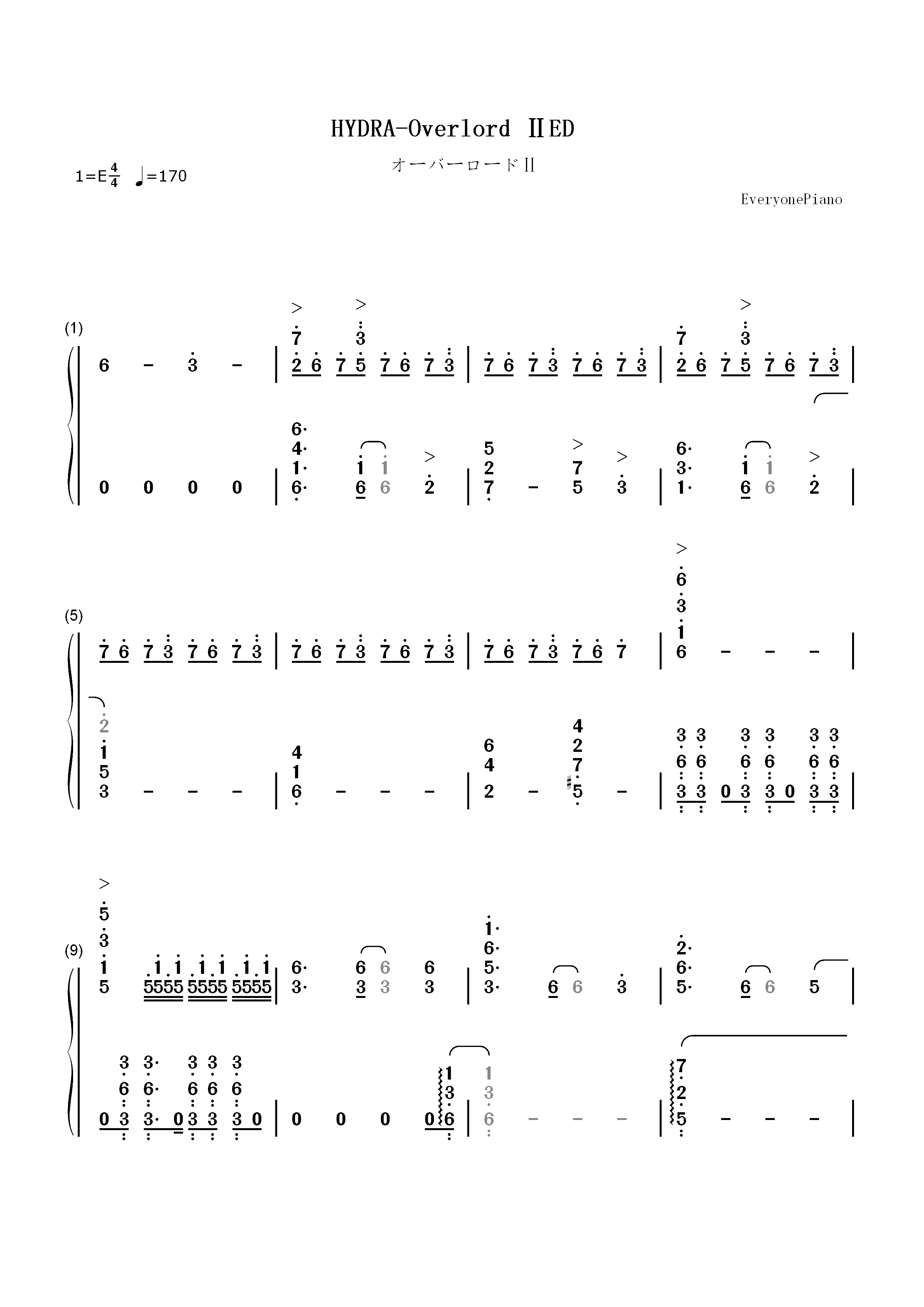 HYDRA-OVERLORDⅡ片尾曲双手简谱预览1