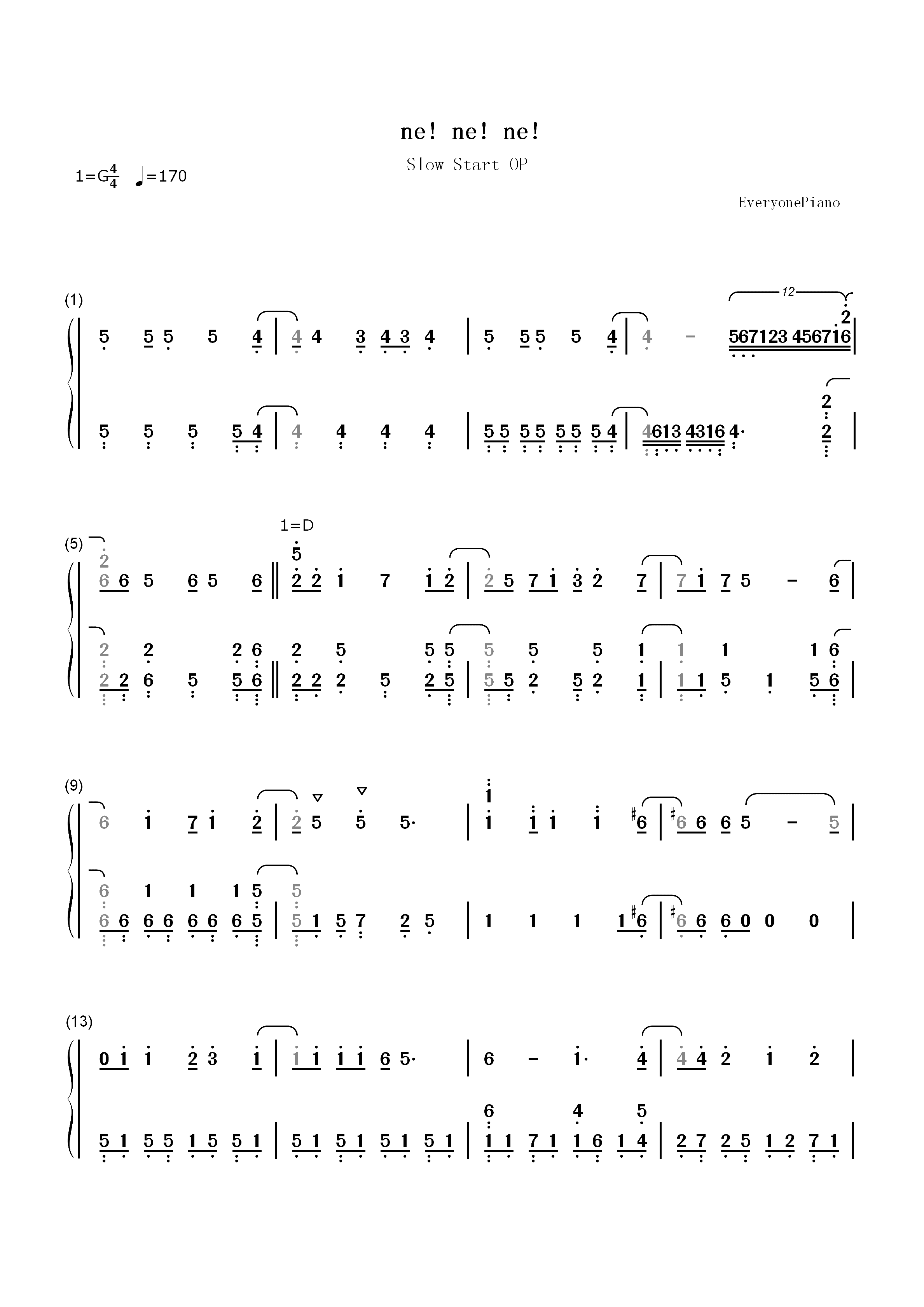 Ne ne ne-Slow Start OP双手简谱预览1