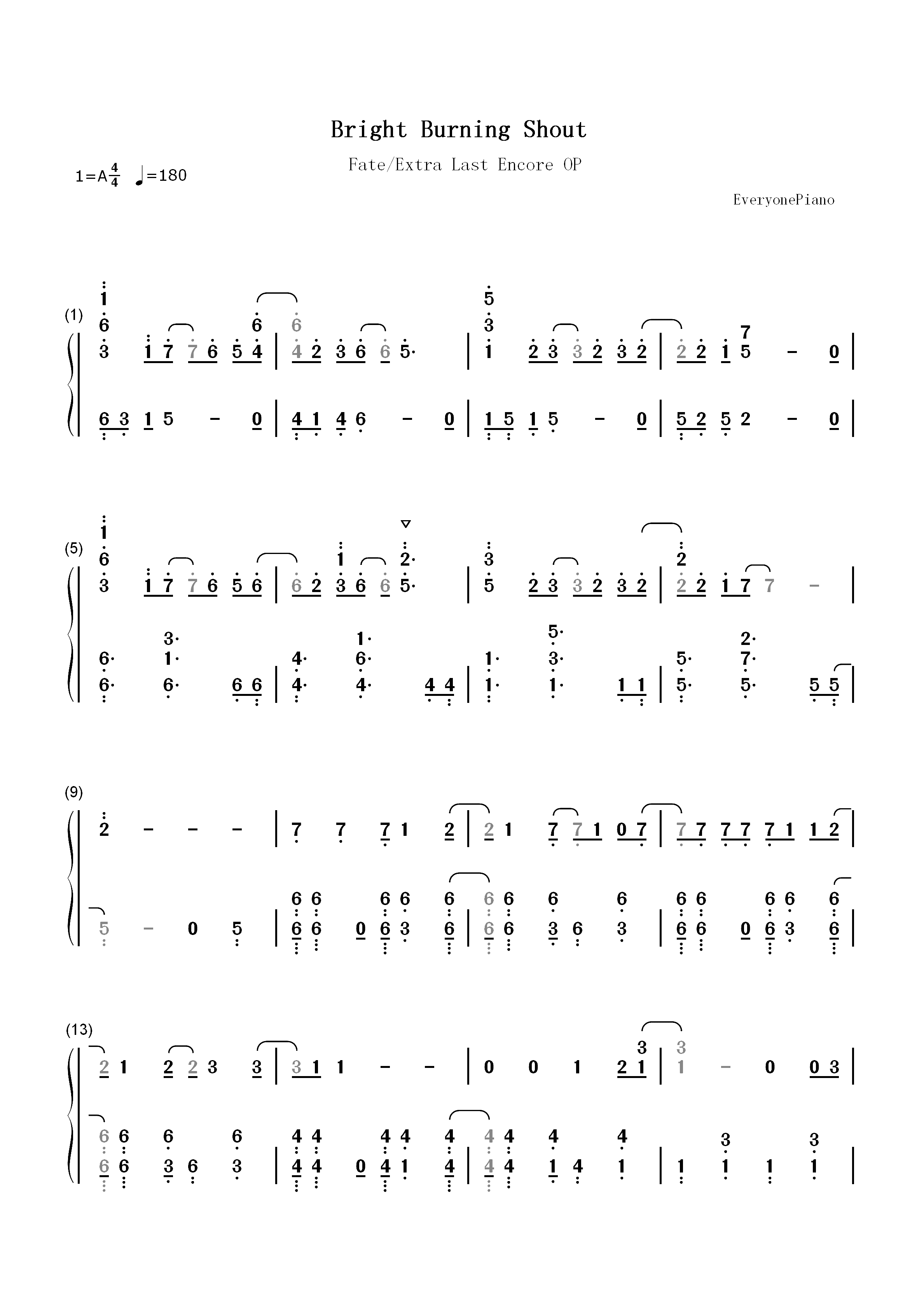 Bright Burning Shout-Fate EXTRA Last Encore OP双手简谱预览1