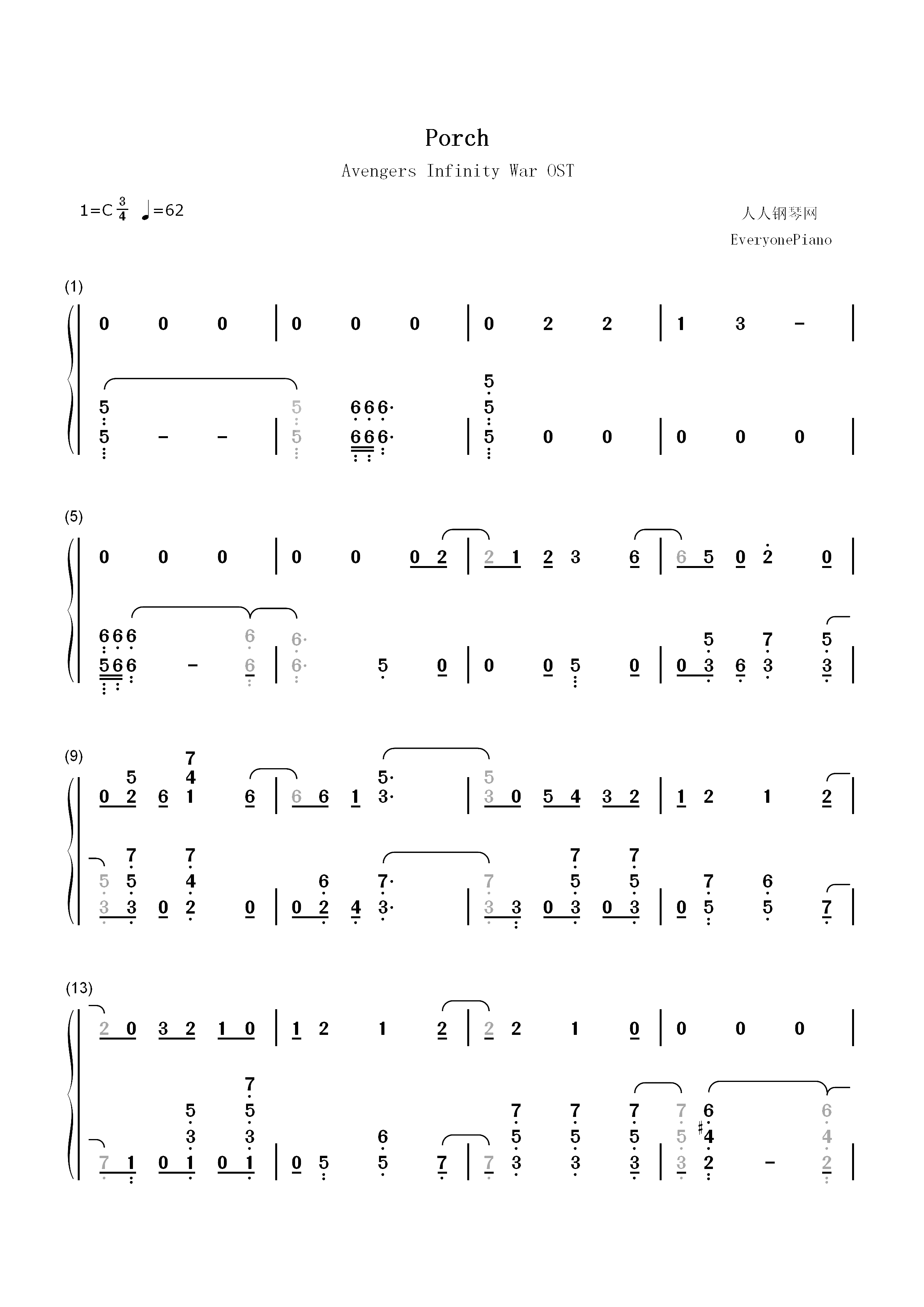 Porch-复仇者联盟3无限战争OST双手简谱预览1
