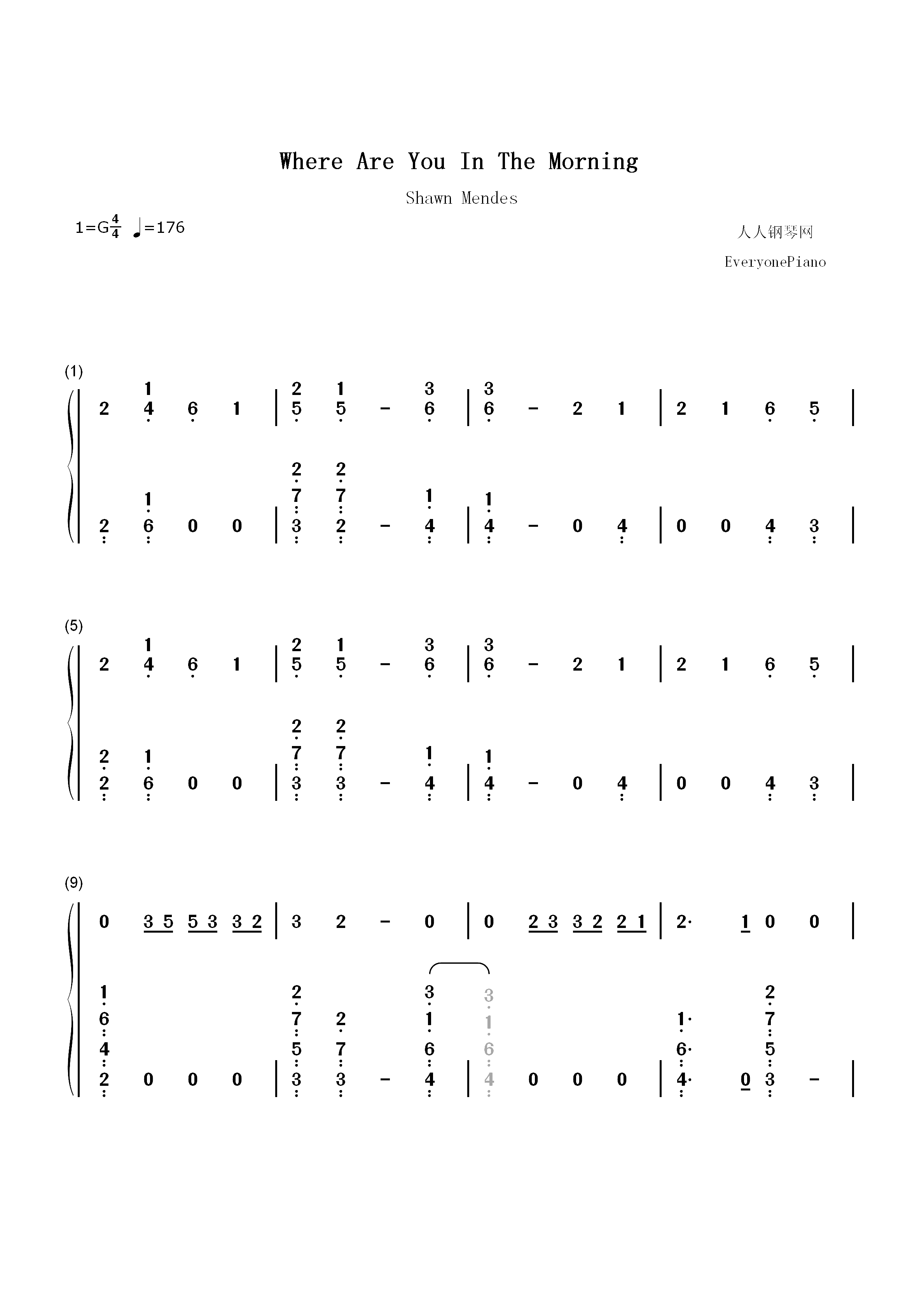 Where Were You in the Morning-Shawn Mendes双手简谱预览1